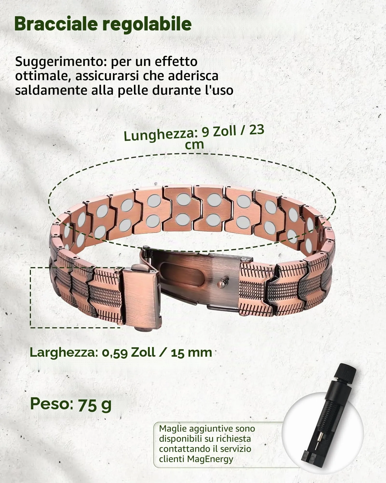 MagEnergy Bracciale Magnetico in Rame Puro 99,99% per Uomini, Chiusura a Farfalla, Lunghezza Regolabile (Rame) - immagine 3