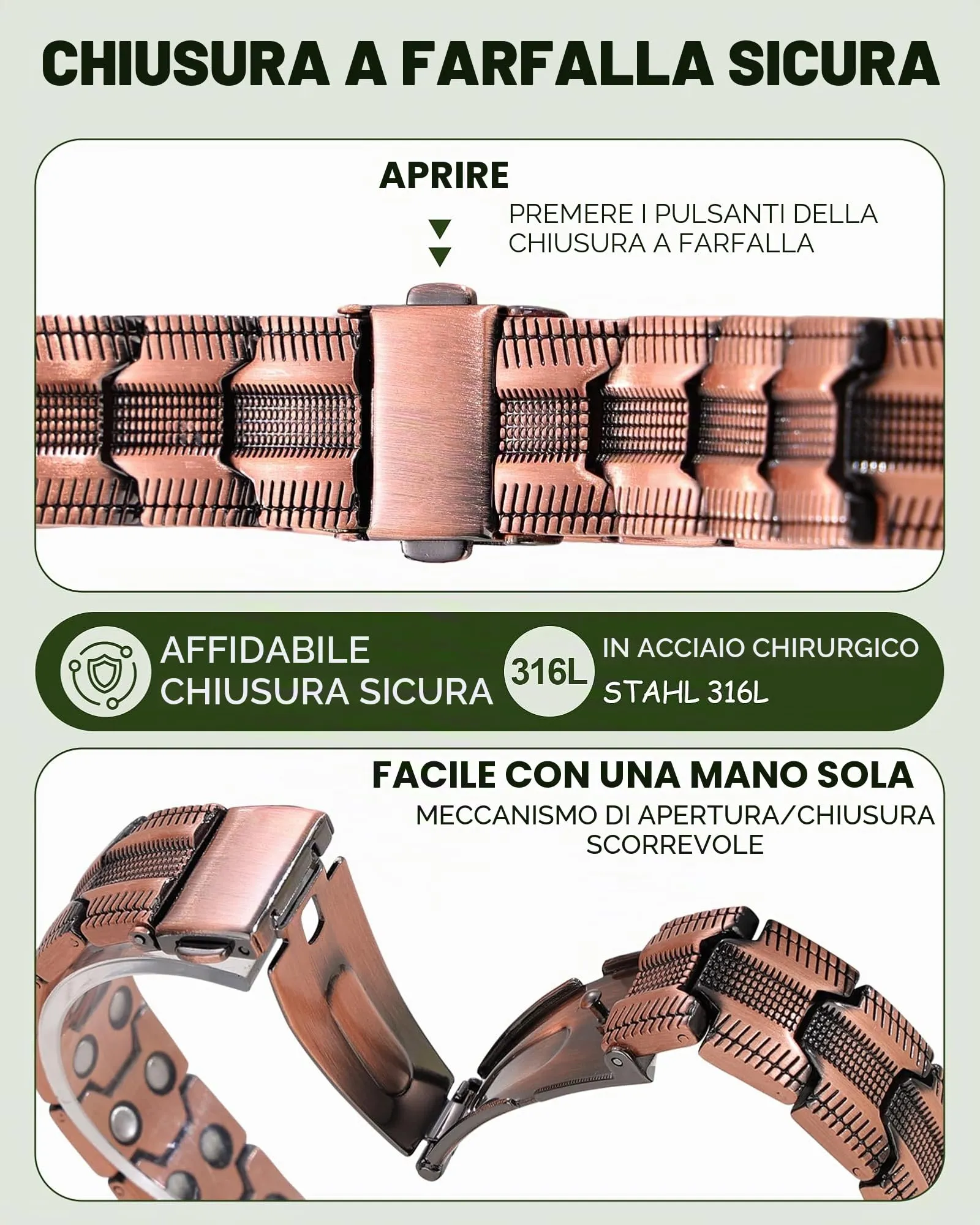 MagEnergy Bracciale Magnetico in Rame Puro 99,99% per Uomini, Chiusura a Farfalla, Lunghezza Regolabile (Rame) - immagine 4
