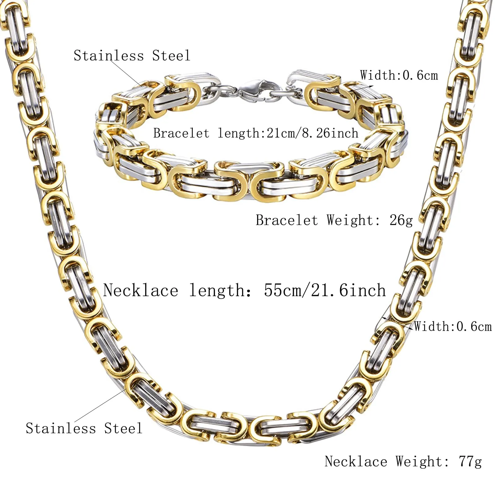 Caimeytie Set collana e bracciale da uomo in acciaio inox, oro e acciaio, 6 mm - immagine 3