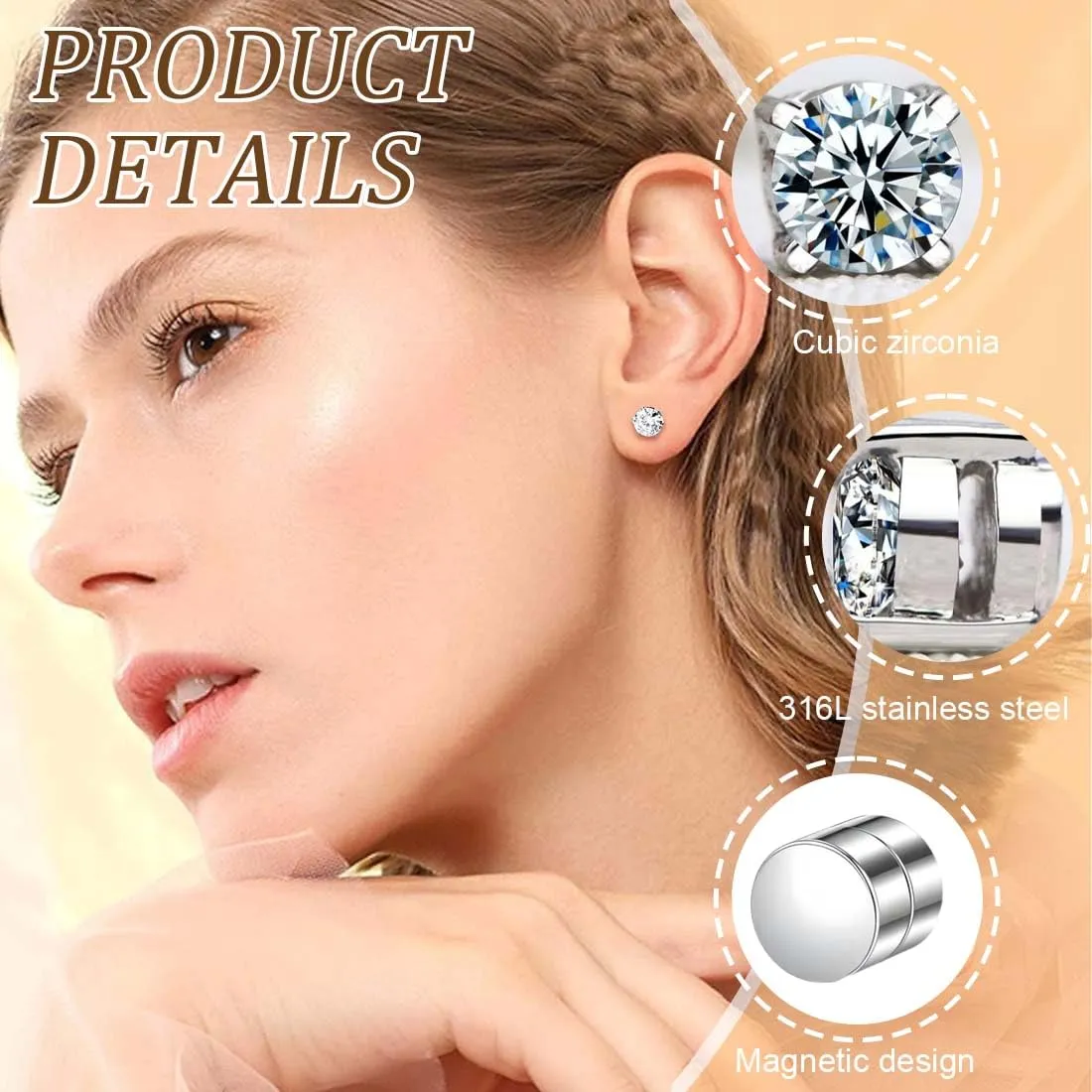 IKOPFLN Orecchini Magnetici da Uomo 6mm, Argento, 6 Paia - immagine 3