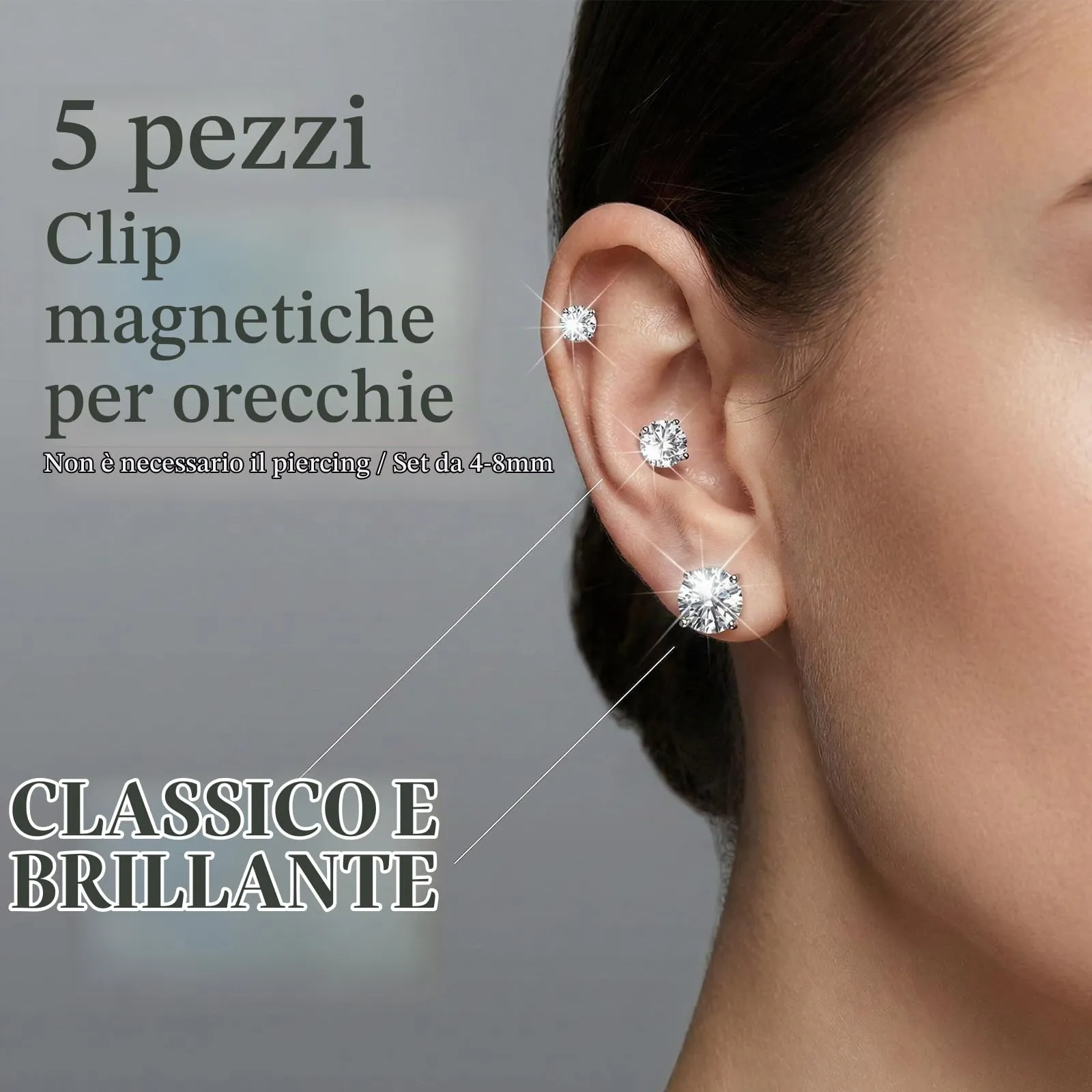 GWEOR Kit 5 Paia di Orecchini Clip Magnetici con Zirconi, 4-8mm, Silver - immagine 2