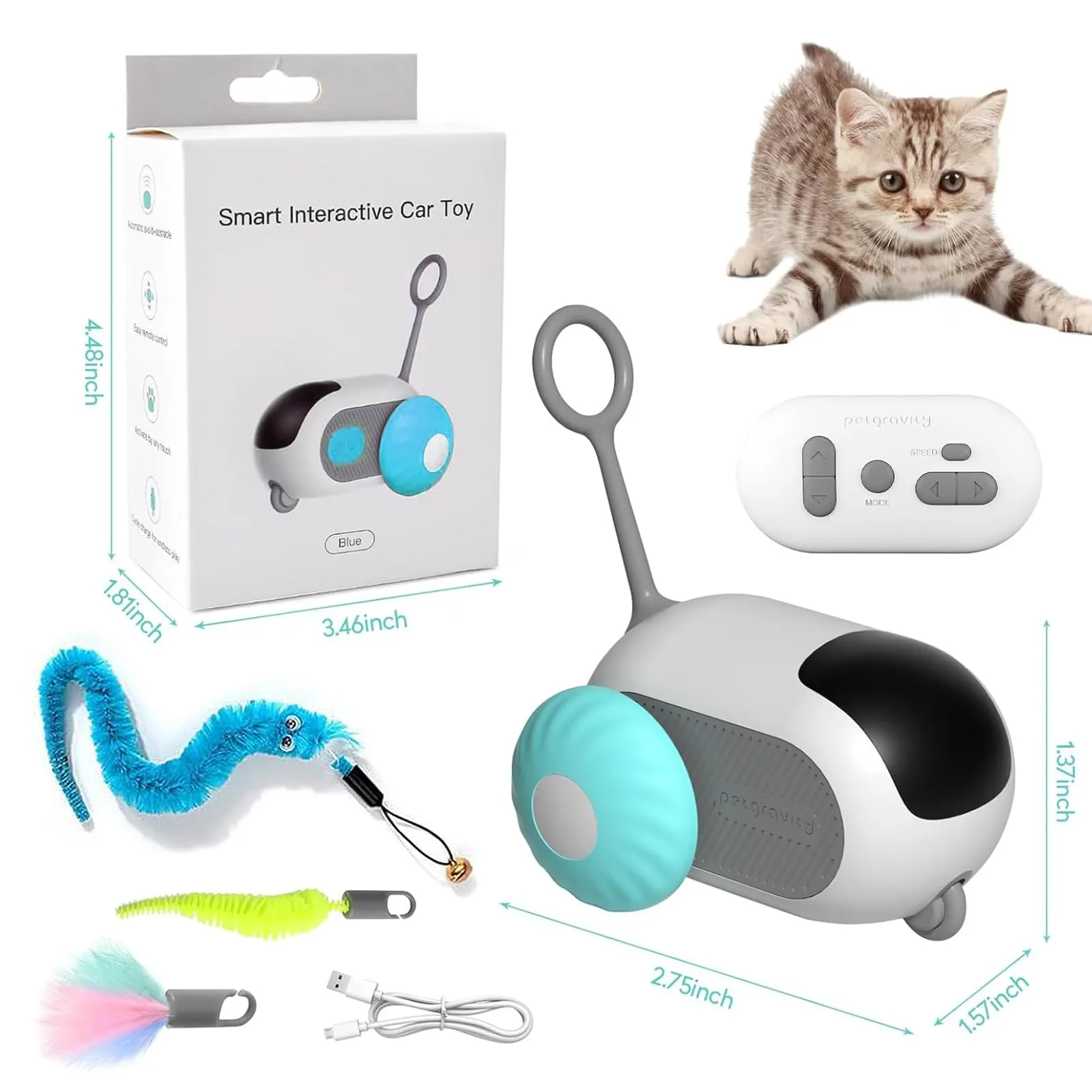 NEOVSUNY Giocattolo Elettrico Interattivo per Gatti con Telecomando e Palla Intelligente, 2 Modalità, Blu - immagine 2