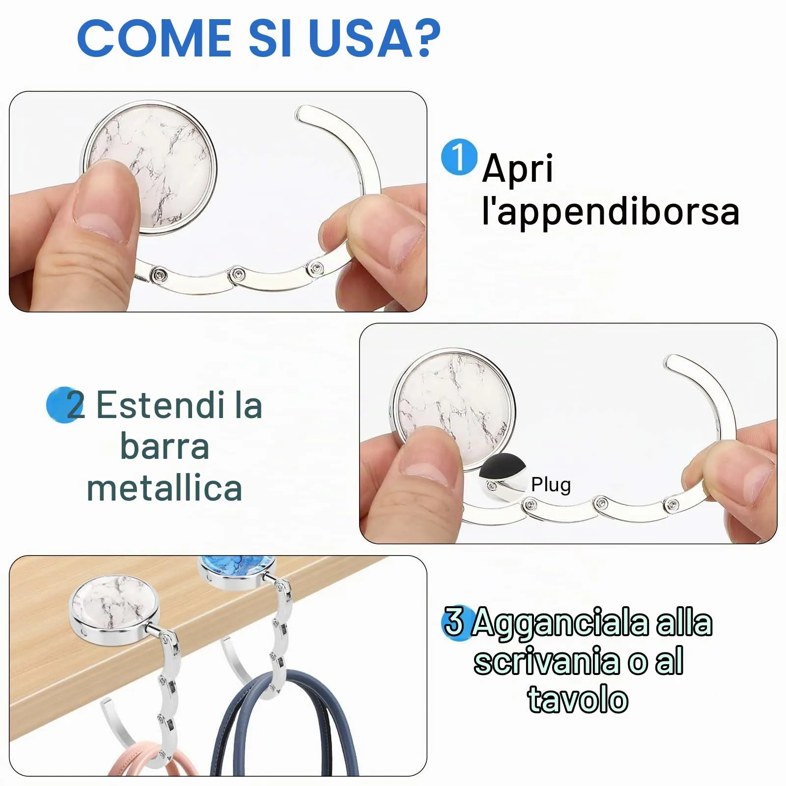 Zikenis Set di 4 ganci per borsa da tavolo, pieghevoli, antiscivolo, multicolore o marmorizzato - immagine 5