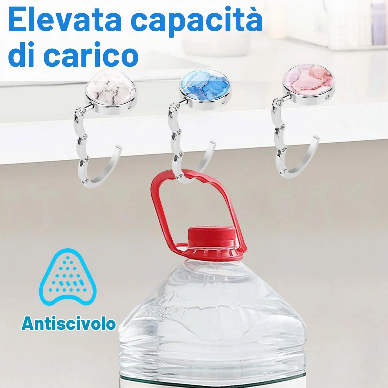 Zikenis Set di 4 ganci per borsa da tavolo, pieghevoli, antiscivolo, multicolore o marmorizzato - immagine 6