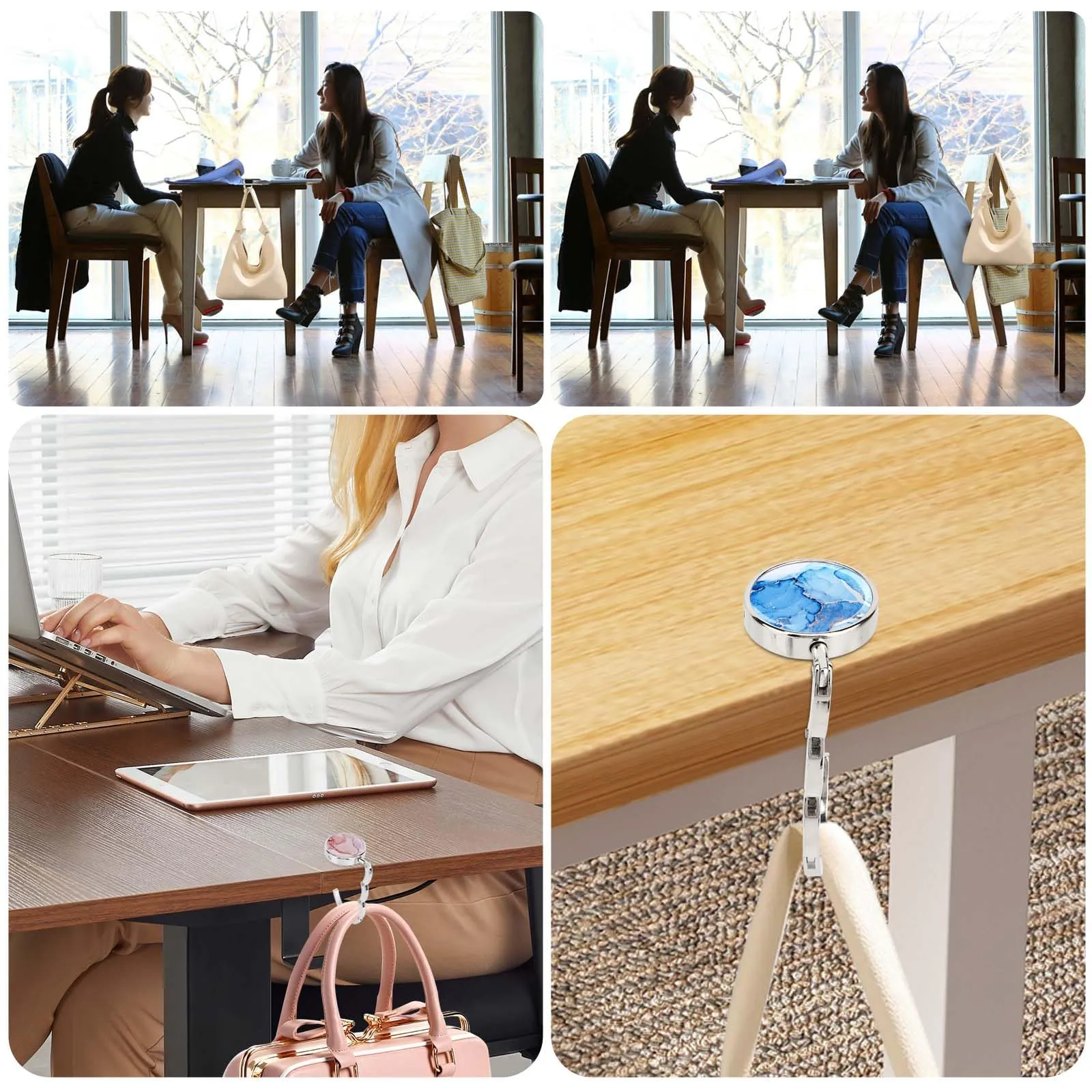 Zikenis Set di 4 ganci per borsa da tavolo, pieghevoli, antiscivolo, multicolore o marmorizzato - immagine 7