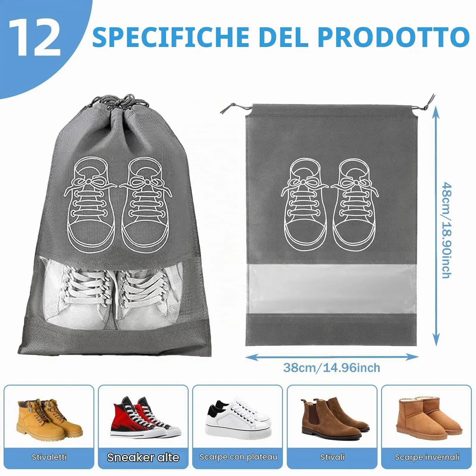Itharon Sacchetti per Scarpe da Viaggio, 12 Pezzi, Grigio con Finestra Trasparente, in TNT Idrorepellente e Pieghevole - immagine 2
