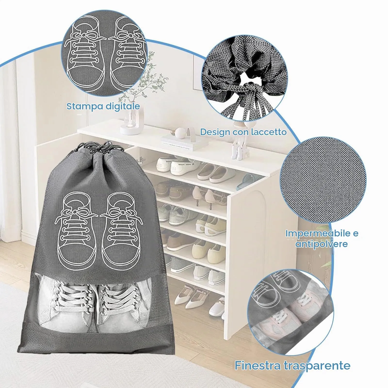 Itharon Sacchetti per Scarpe da Viaggio, 12 Pezzi, Grigio con Finestra Trasparente, in TNT Idrorepellente e Pieghevole - immagine 3