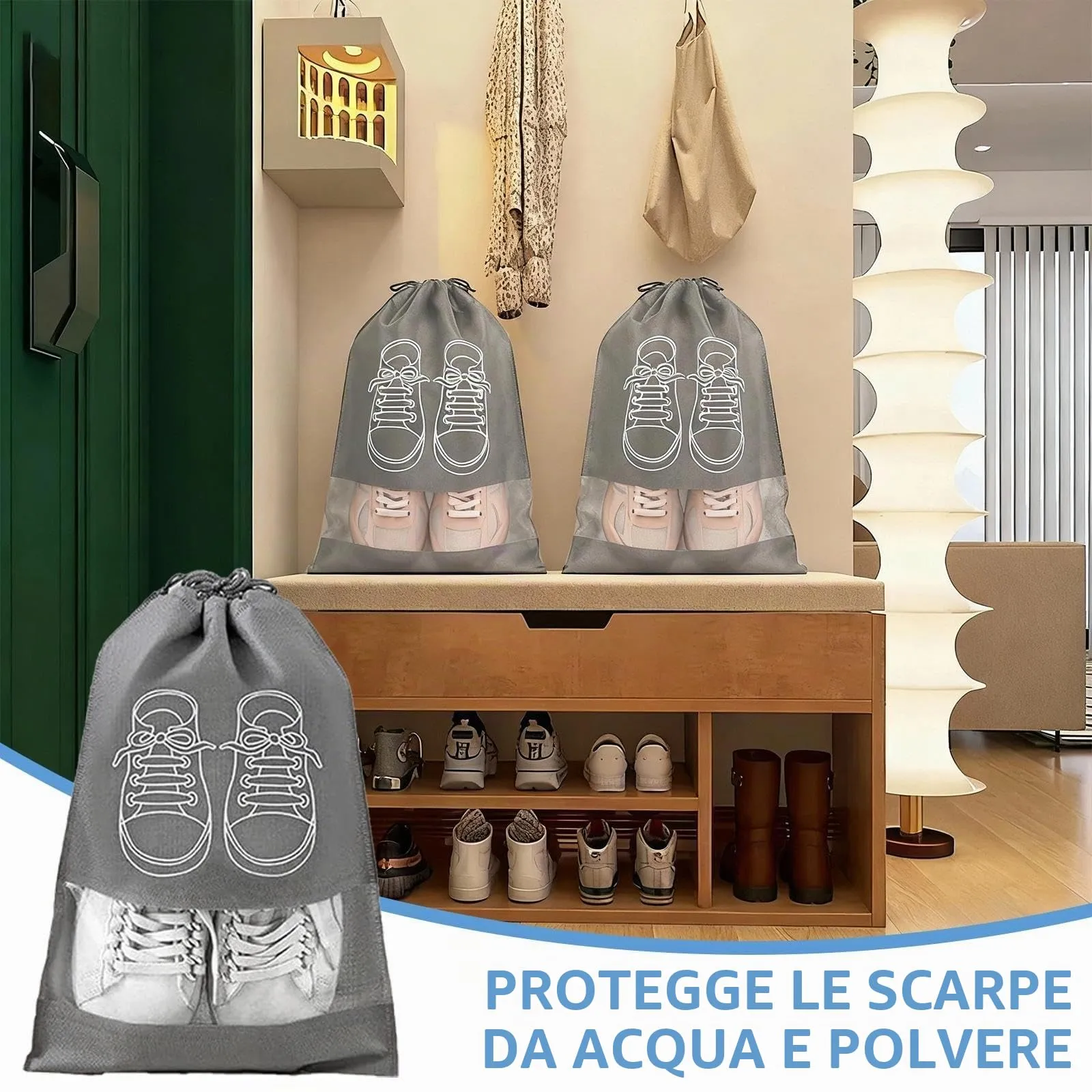 Itharon Sacchetti per Scarpe da Viaggio, 12 Pezzi, Grigio con Finestra Trasparente, in TNT Idrorepellente e Pieghevole - immagine 6