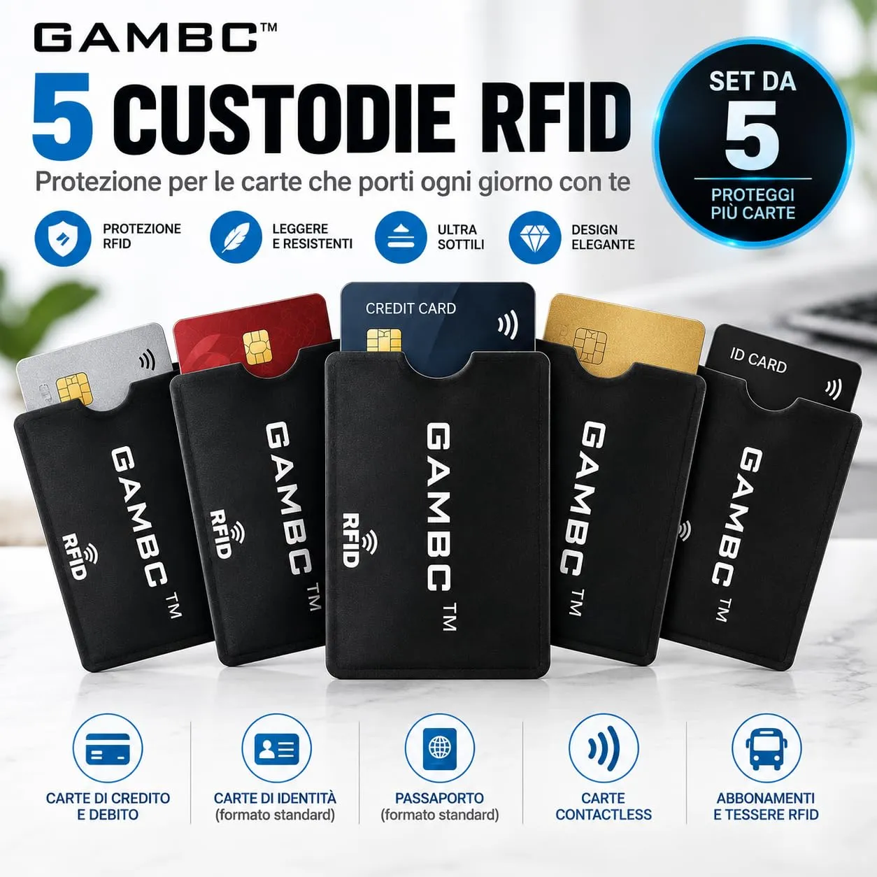 GAMBC Porta Bancomat Schermati RFID-blocker, Set da 5, Nero - immagine 2