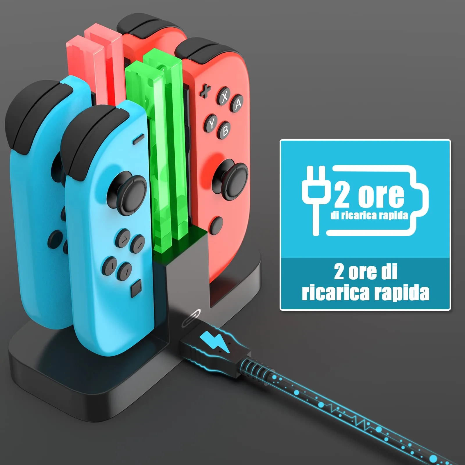 Diyife Stazione di Ricarica 4 in 1 per Nintendo Switch Joy-Con con Porta USB-C e Indicatore LED, Verde - immagine 2