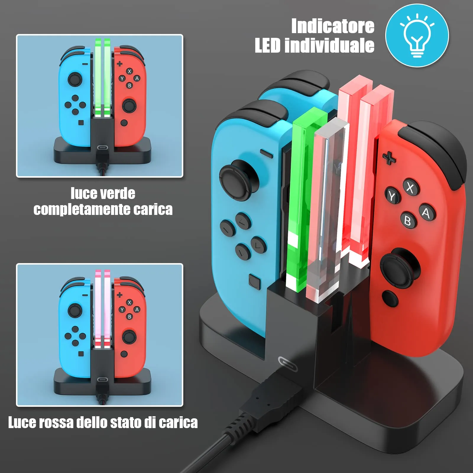 Diyife Stazione di Ricarica 4 in 1 per Nintendo Switch Joy-Con con Porta USB-C e Indicatore LED, Verde - immagine 3