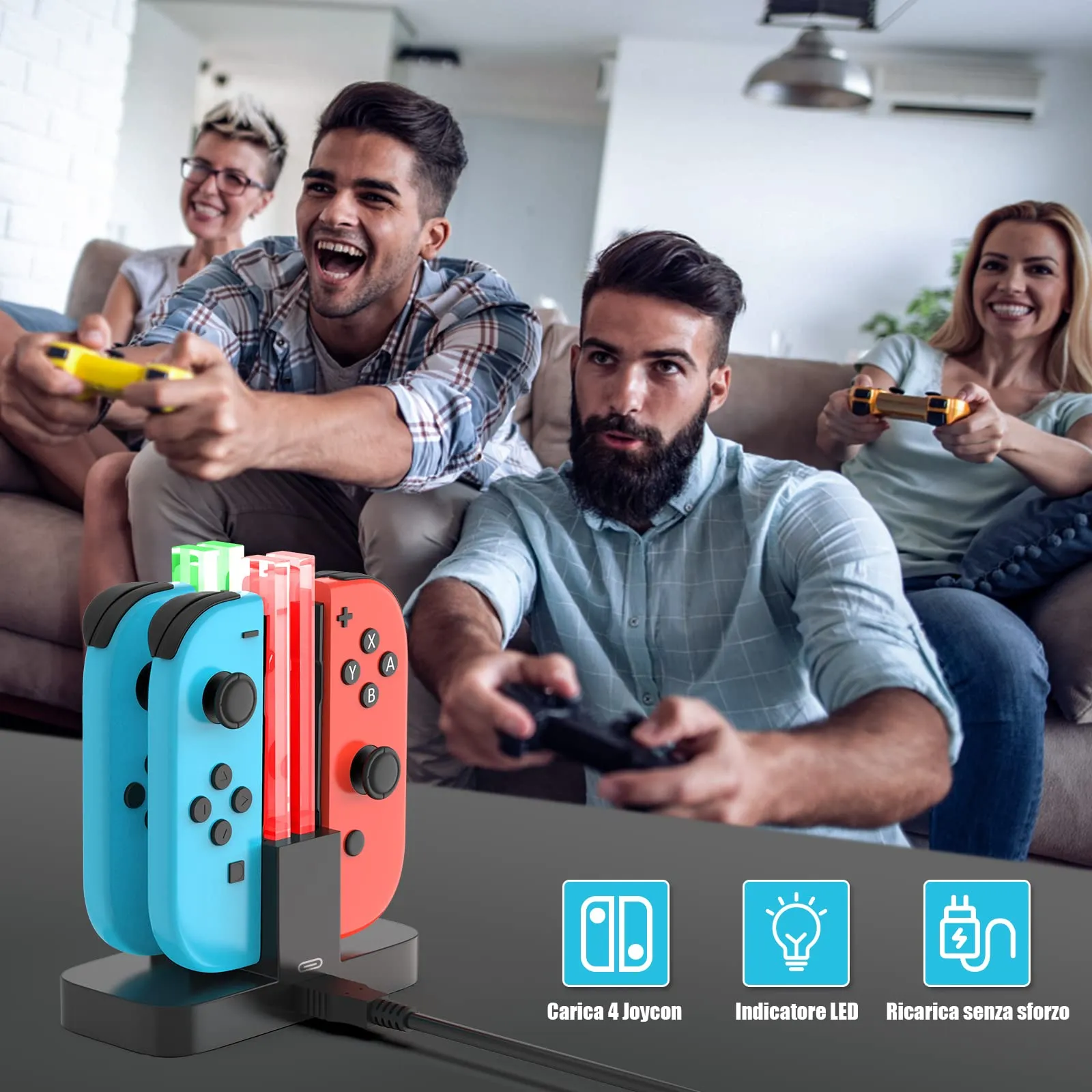 Diyife Stazione di Ricarica 4 in 1 per Nintendo Switch Joy-Con con Porta USB-C e Indicatore LED, Verde - immagine 7