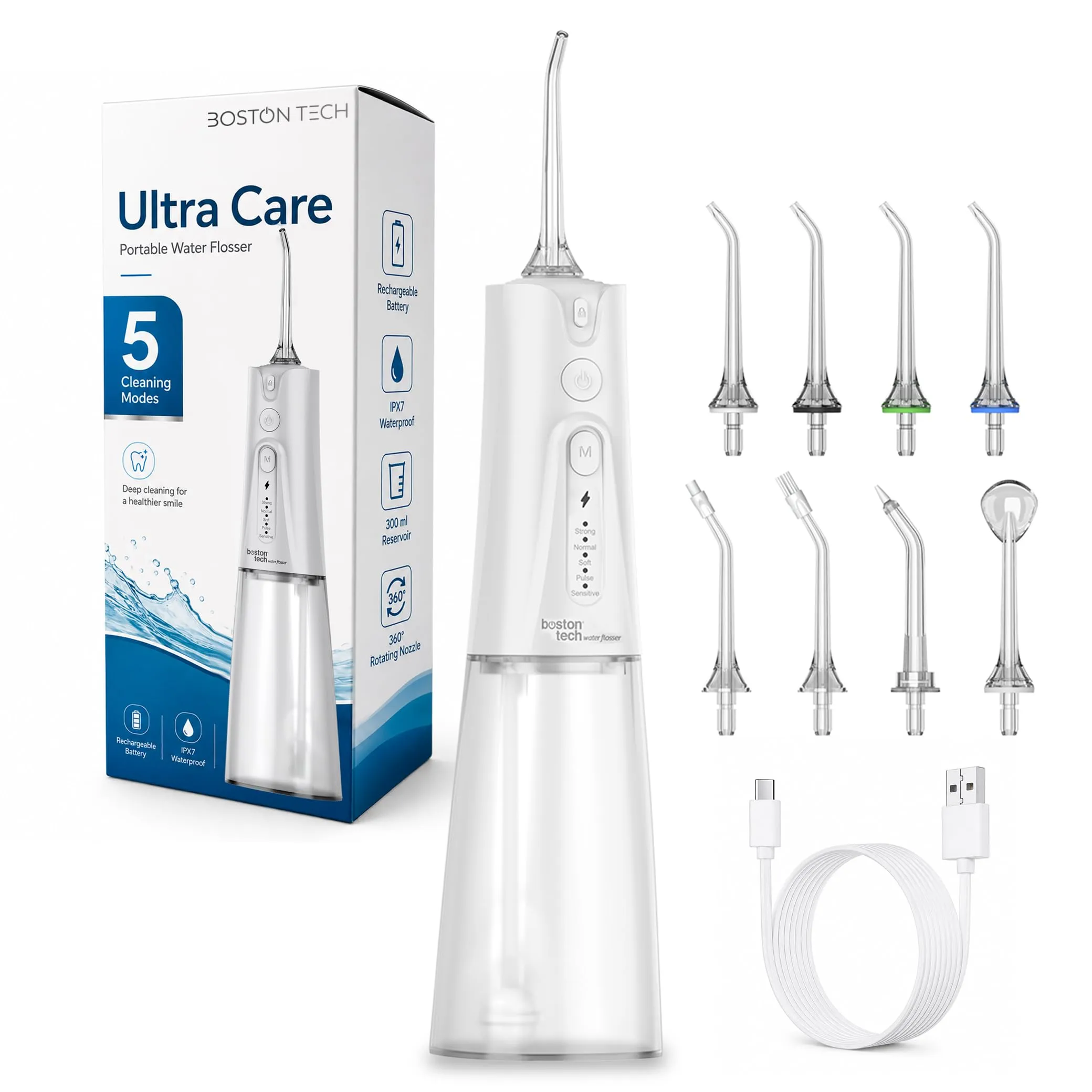 Boston Tech Aquapik UltraCare Irrigatore Orale Wireless, Idropulsore Dentale Portatile USB-C, 8 Ugelli, Serbatoio 300 ml, IPX7 - immagine 1