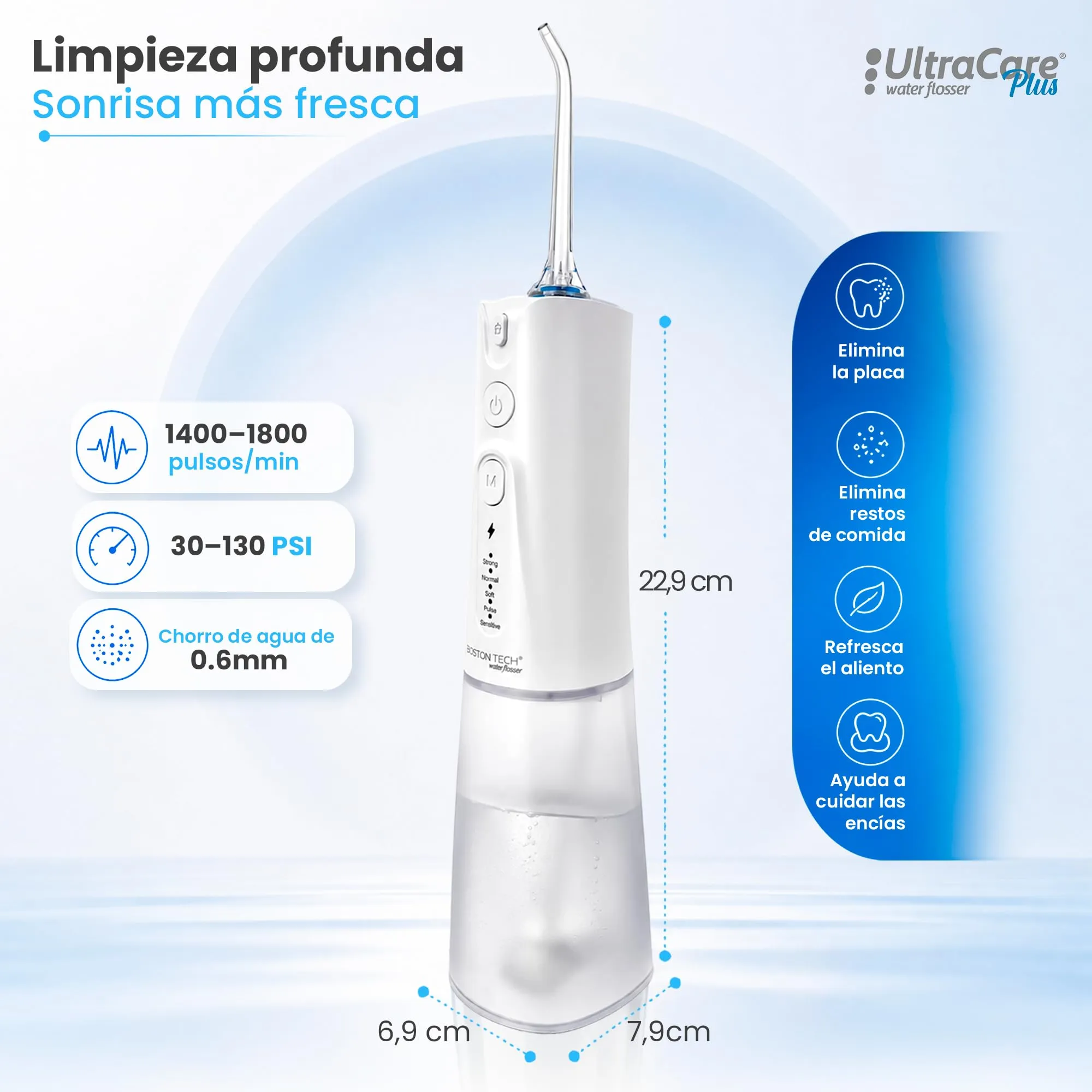 Boston Tech Aquapik UltraCare Irrigatore Orale Wireless, Idropulsore Dentale Portatile USB-C, 8 Ugelli, Serbatoio 300 ml, IPX7 - immagine 3