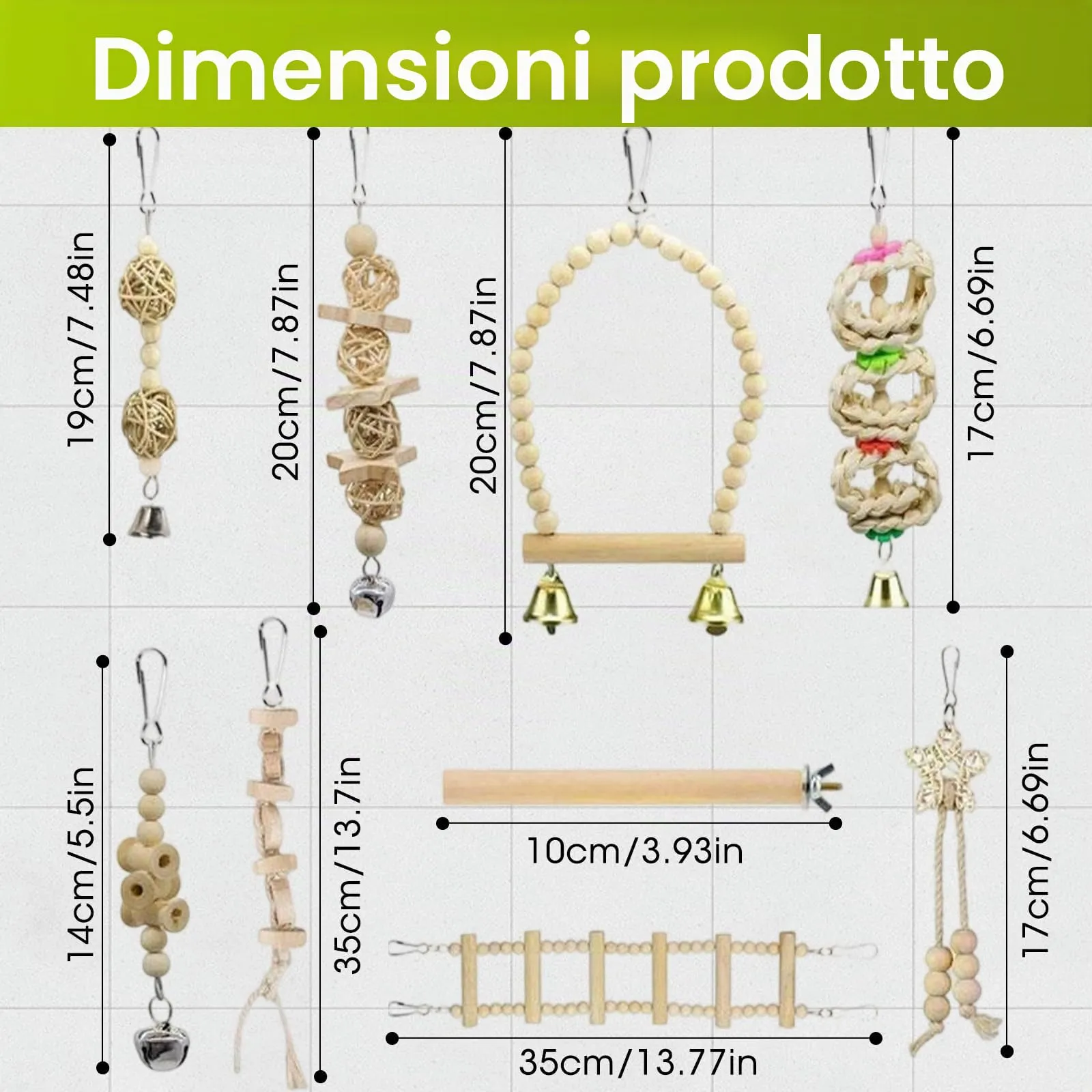 Dexpally Set di 9 Giochi in Legno Naturale per Pappagalli con Altalena, Scala e Campanella - immagine 2