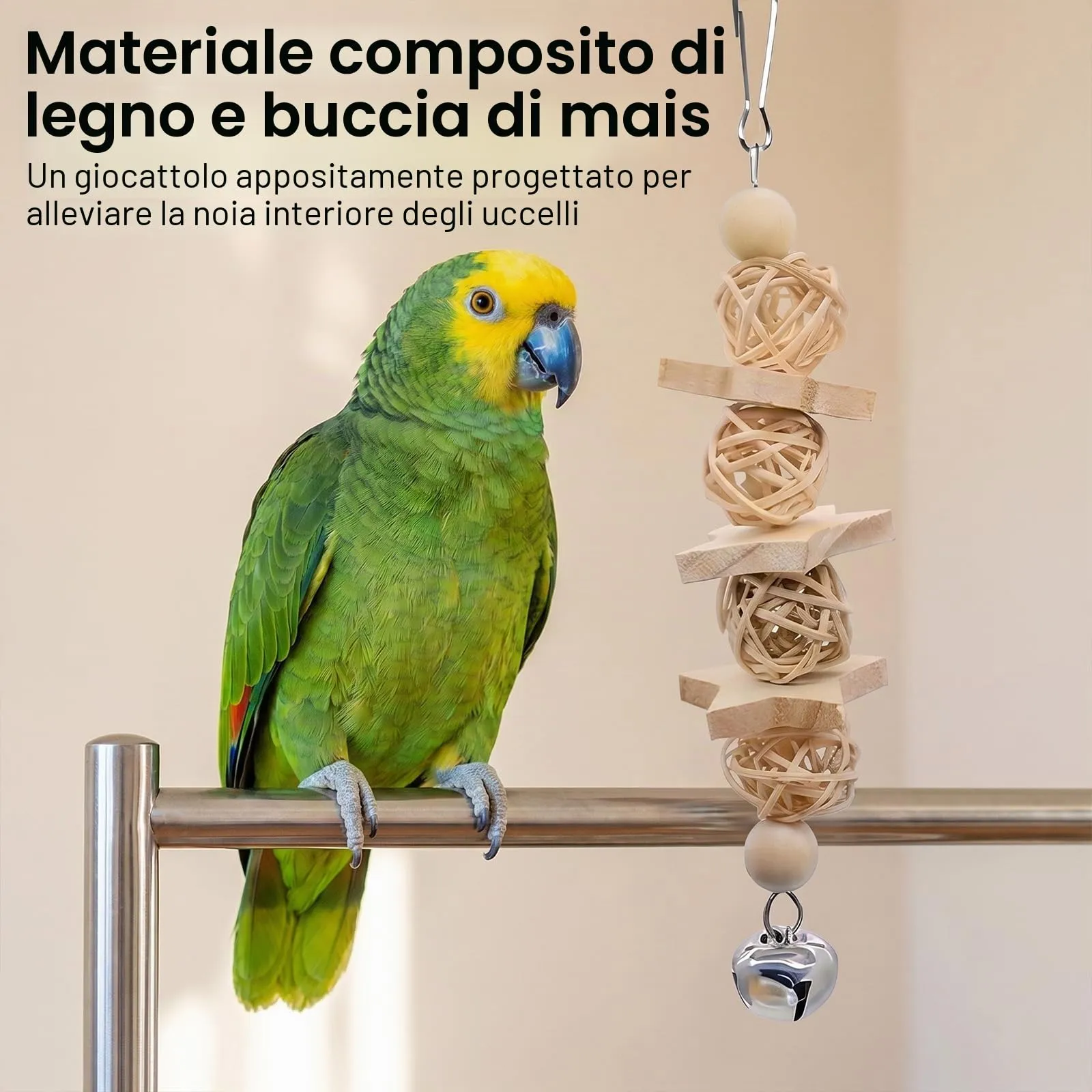 Dexpally Set di 9 Giochi in Legno Naturale per Pappagalli con Altalena, Scala e Campanella - immagine 4