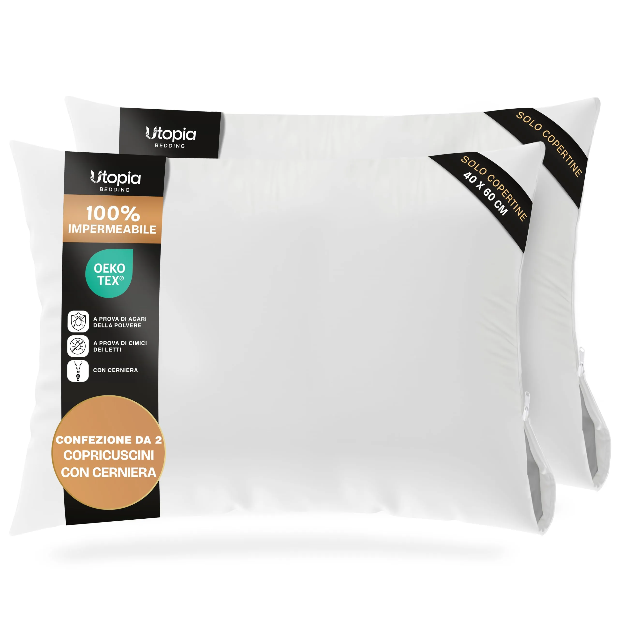 Utopia Bedding Copricuscini Impermeabili con Cerniera, 40 x 80 cm, Set di 2, Bianco - immagine 1