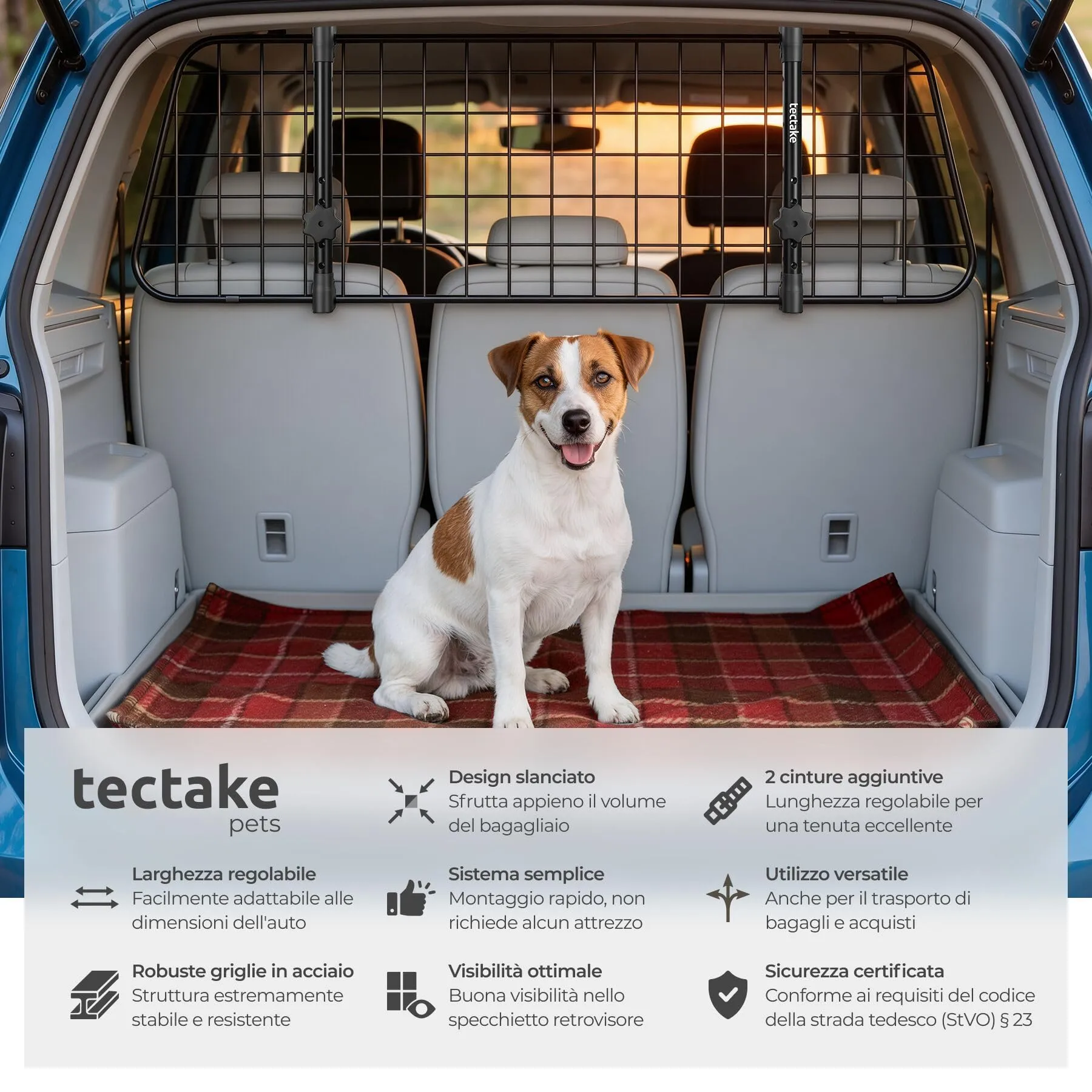 tectake Griglia di Protezione per Cani in Acciaio, Divisorio Regolabile per Auto, Nero - immagine 2