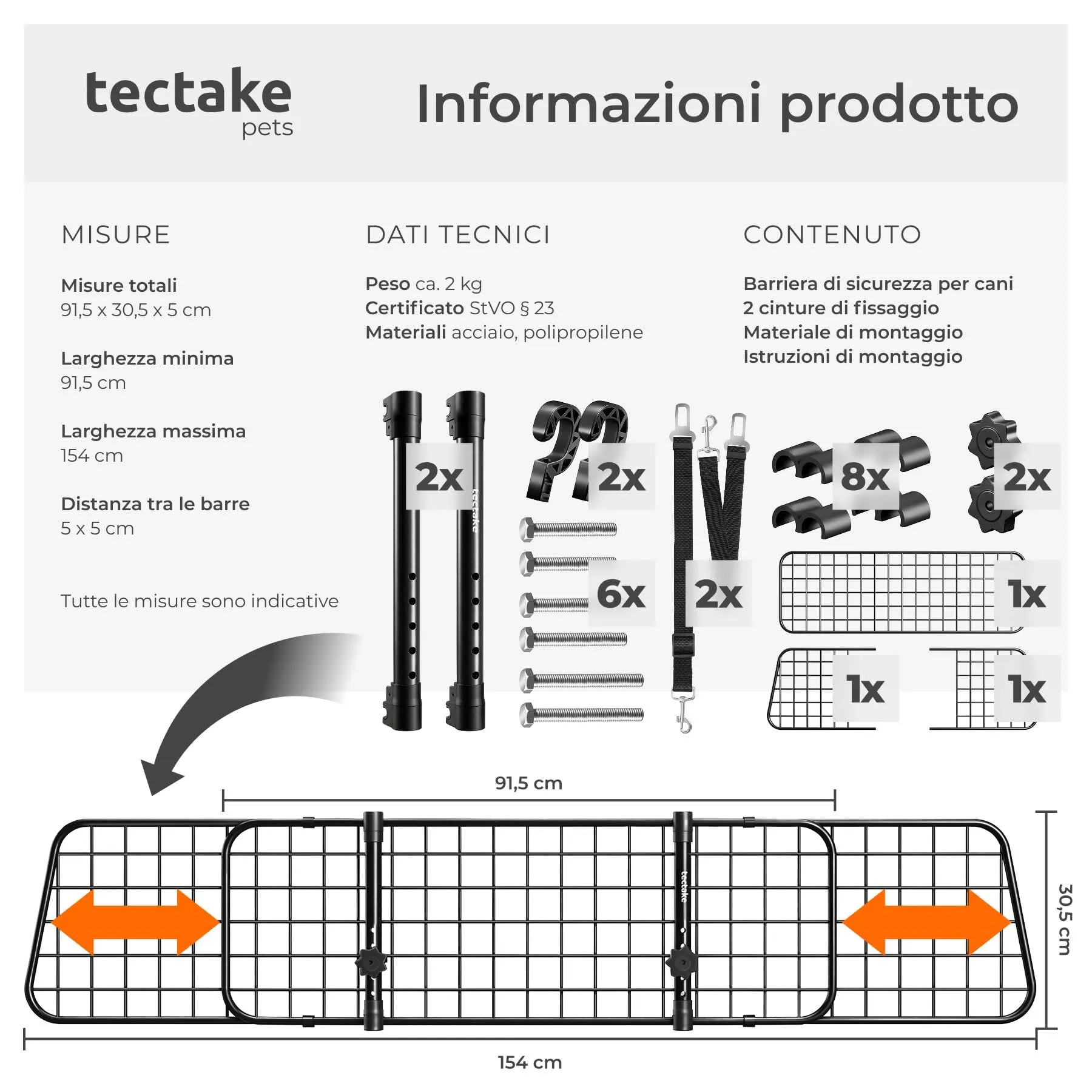 tectake Griglia di Protezione per Cani in Acciaio, Divisorio Regolabile per Auto, Nero - immagine 6