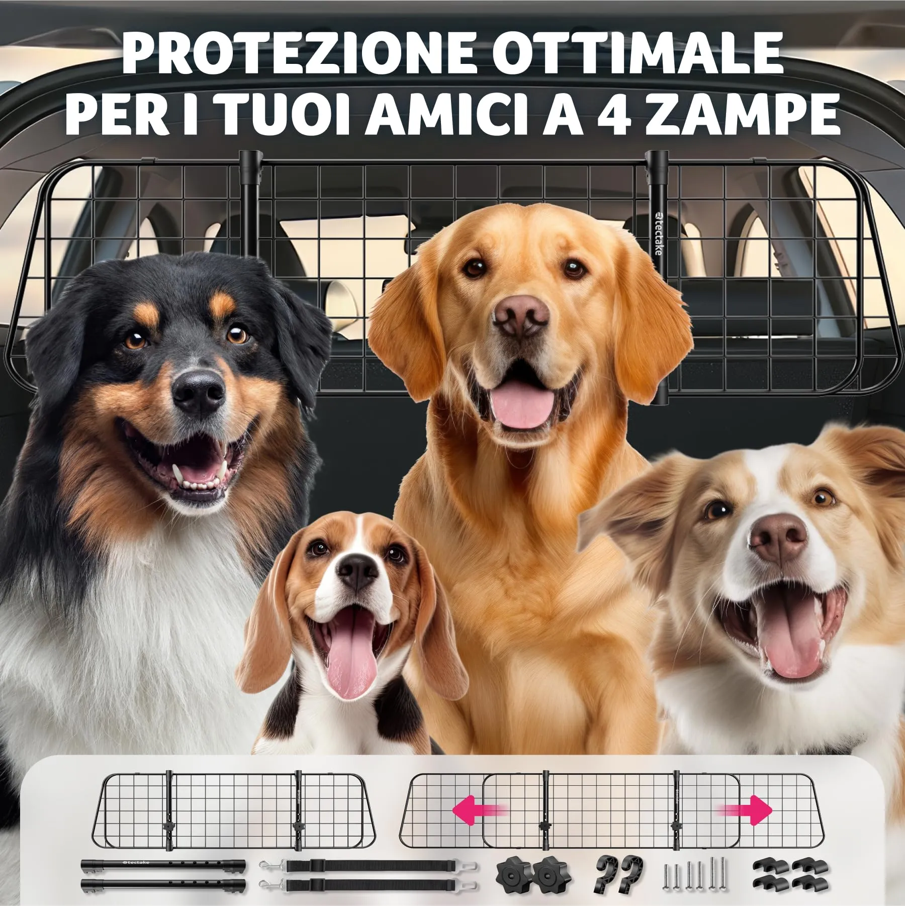 tectake Griglia di Protezione per Cani in Acciaio, Divisorio Regolabile per Auto, Nero - immagine 8