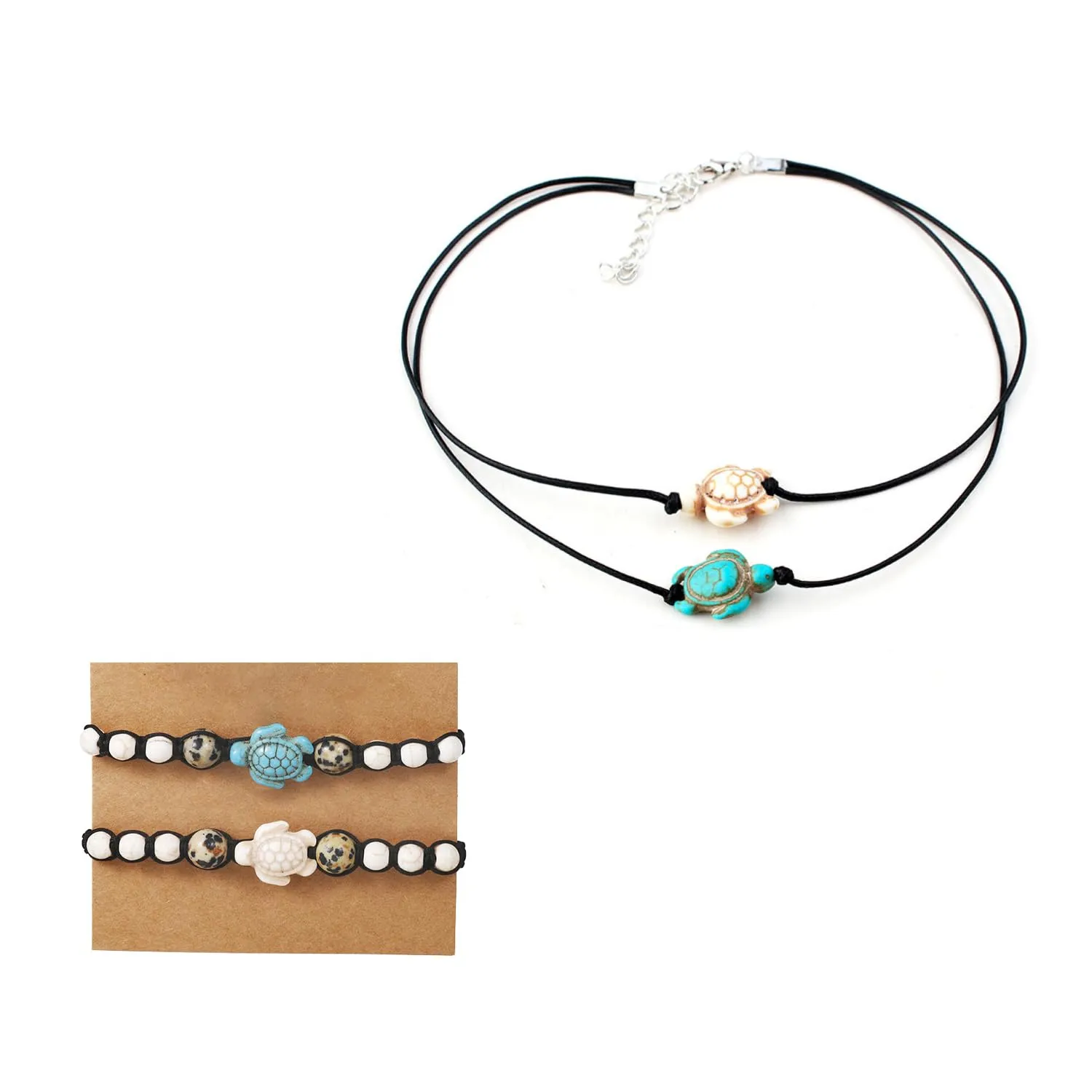 ATBUSS Set di gioielli a tartaruga: 1 collana e 2 braccialetti intrecciati regolabili, blu e bianco - immagine 1