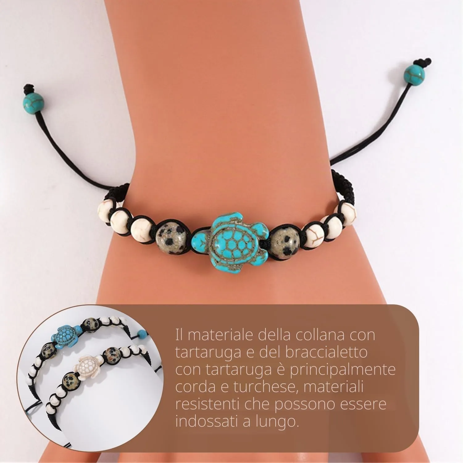 ATBUSS Set di gioielli a tartaruga: 1 collana e 2 braccialetti intrecciati regolabili, blu e bianco - immagine 4