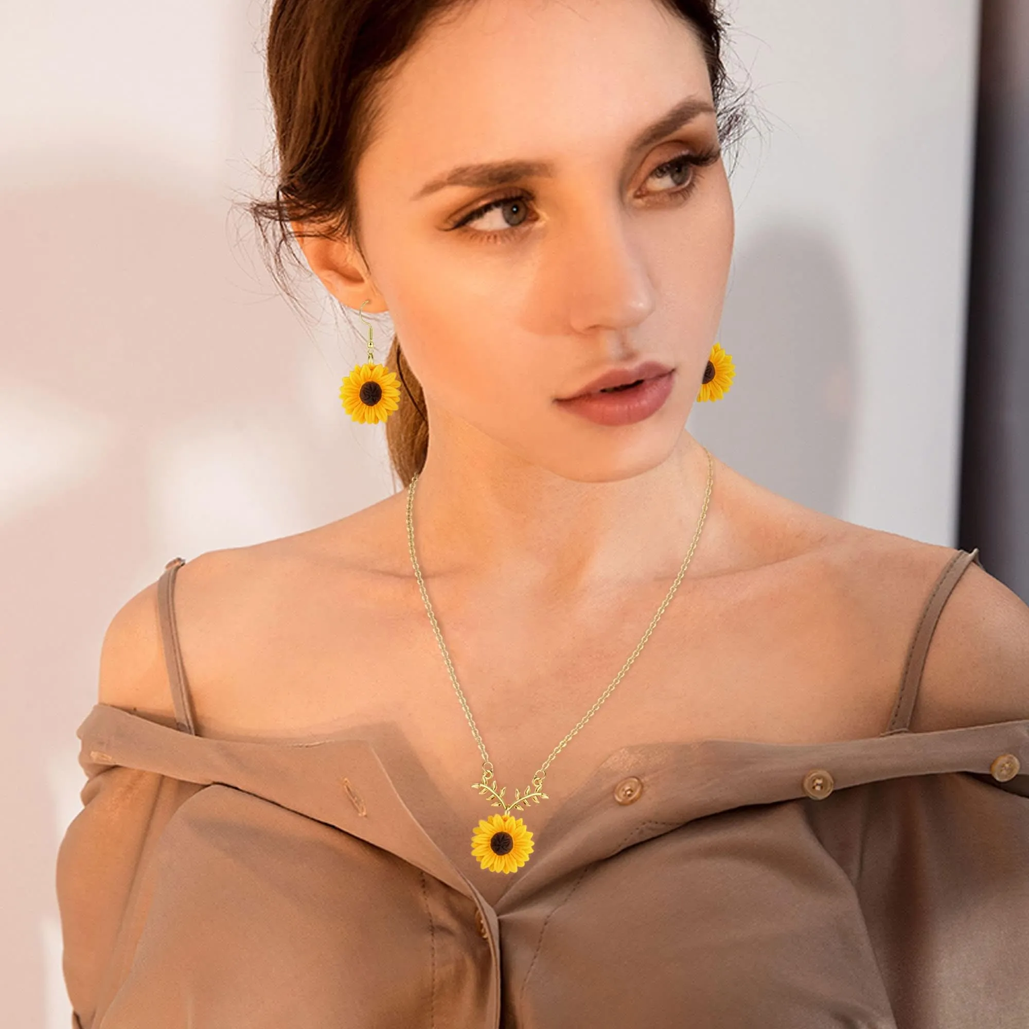 PPGGOPP Set Collana e Orecchini a Forma di Girasole per Donna e Ragazze, Giallo - immagine 3