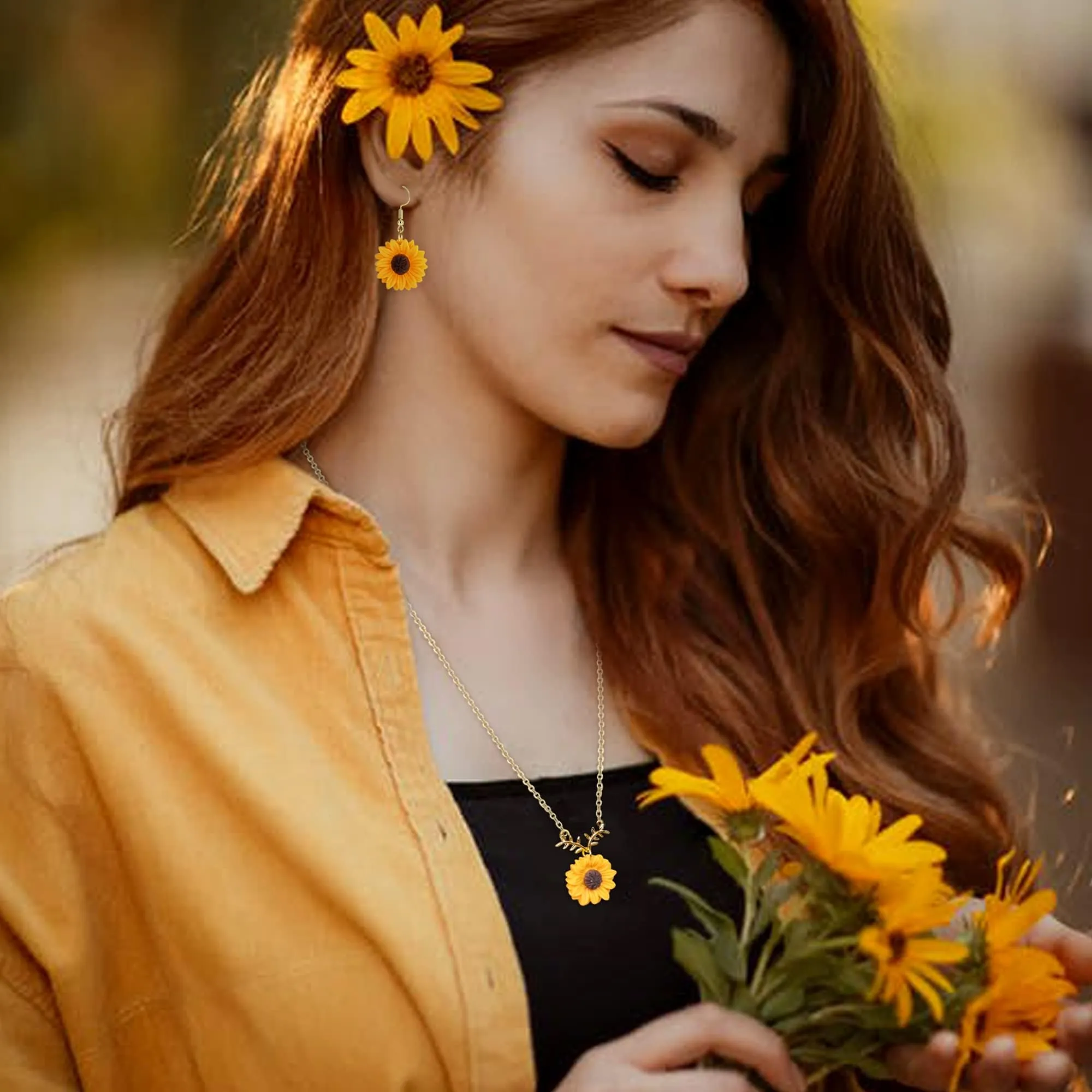 PPGGOPP Set Collana e Orecchini a Forma di Girasole per Donna e Ragazze, Giallo - immagine 4