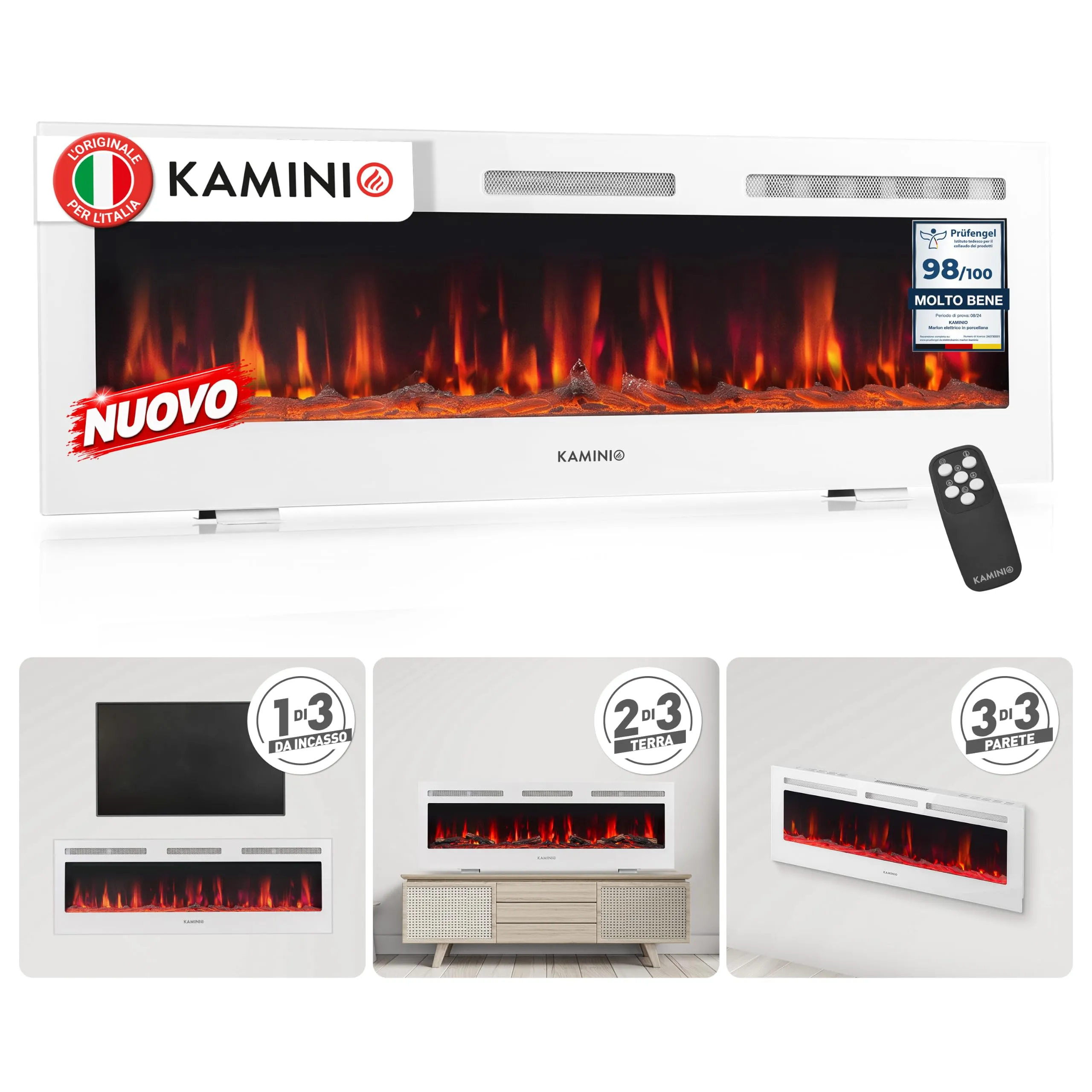 KAMINIO Marlon PRO 60 Camino Elettrico da Incasso, Parete o Appoggio, Bianco - immagine 1