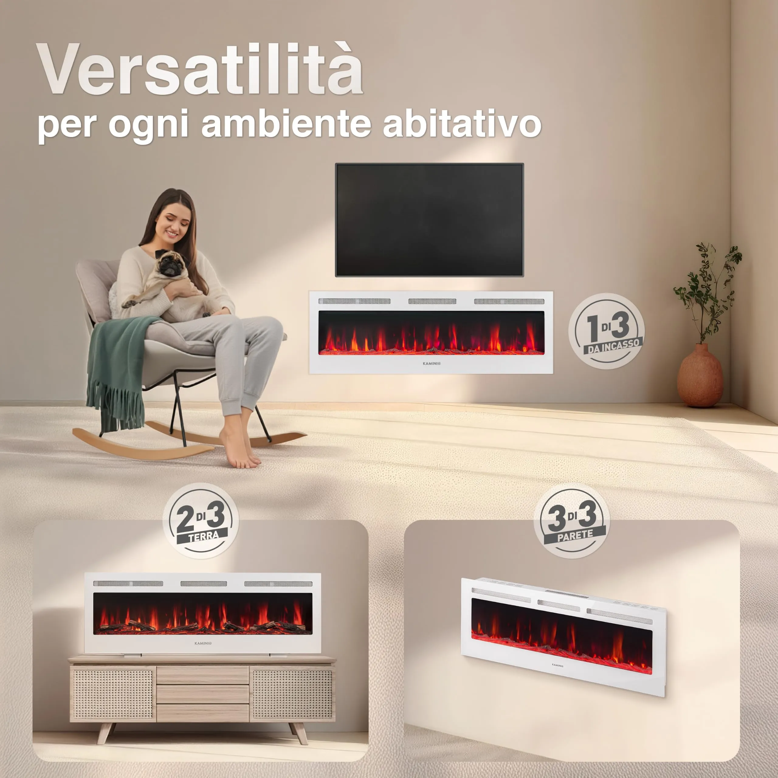 KAMINIO Marlon PRO 60 Camino Elettrico da Incasso, Parete o Appoggio, Bianco - immagine 2