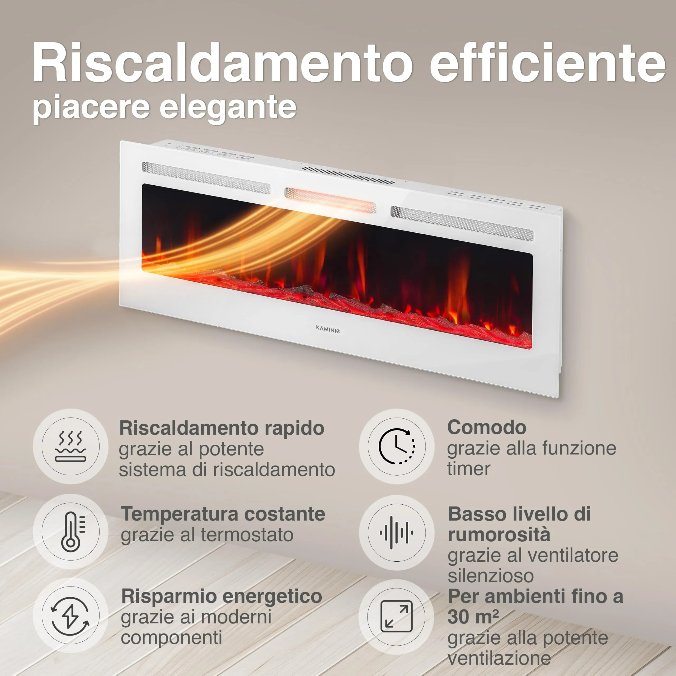 KAMINIO Marlon PRO 60 Camino Elettrico da Incasso, Parete o Appoggio, Bianco - immagine 4