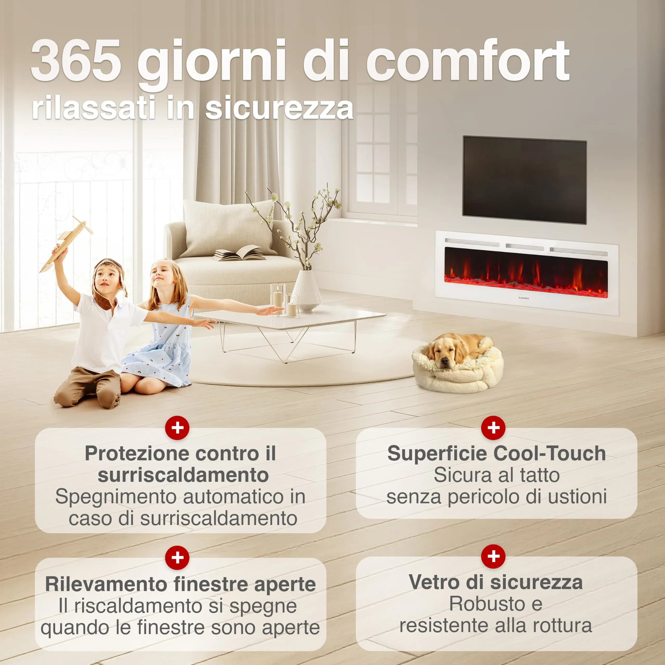 KAMINIO Marlon PRO 60 Camino Elettrico da Incasso, Parete o Appoggio, Bianco - immagine 5