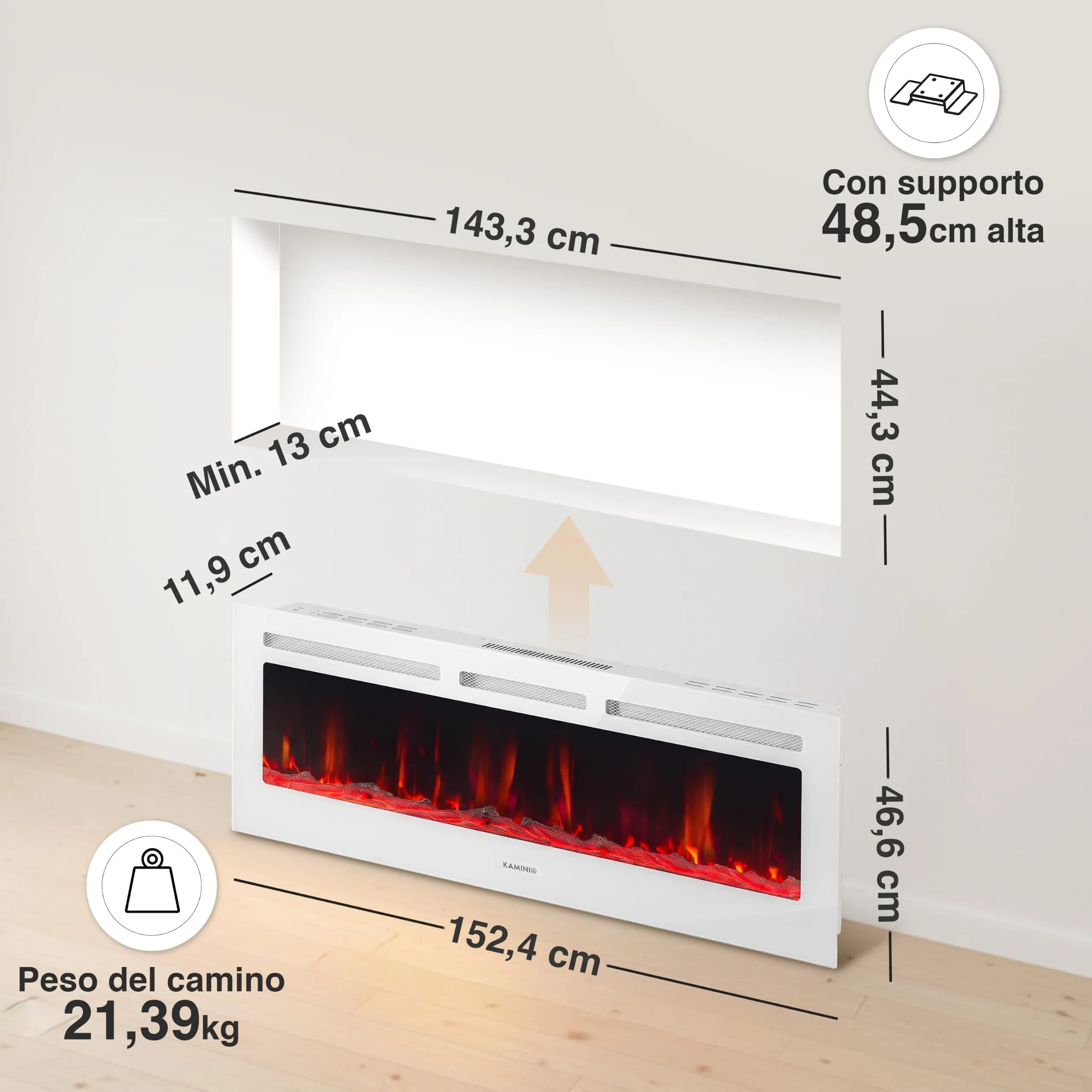 KAMINIO Marlon PRO 60 Camino Elettrico da Incasso, Parete o Appoggio, Bianco - immagine 6