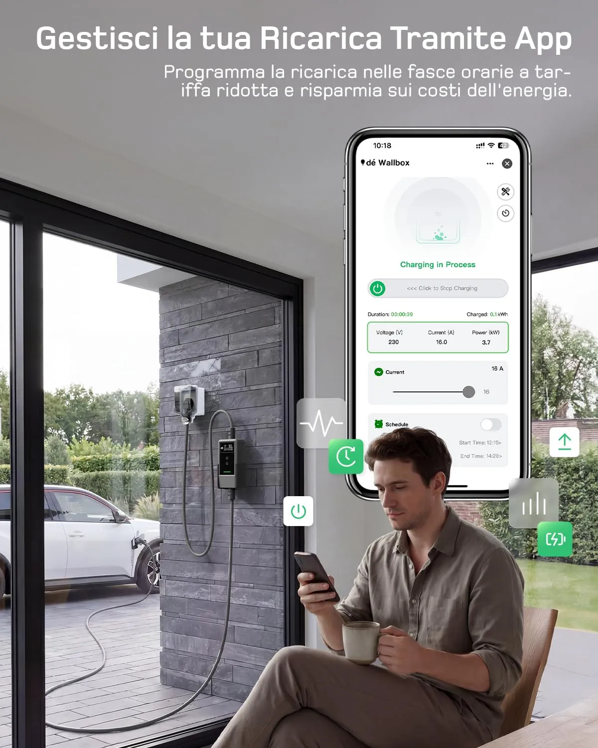 dé Cavo di Ricarica Tipo 2 Schuko con App, 3,7 kW, 12,5 m - immagine 2