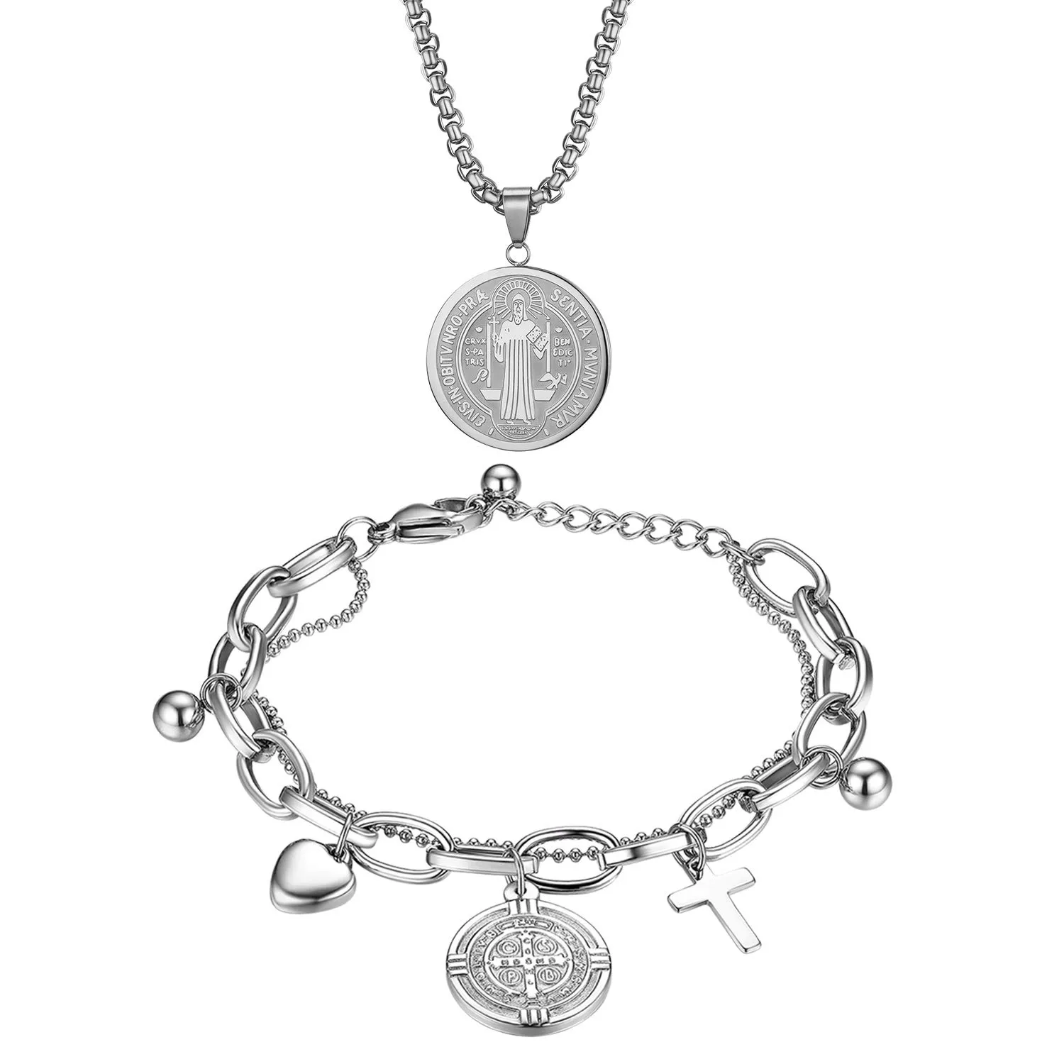 OIDEA Set Collana e 2 Braccialetti San Benedetto in Acciaio Inossidabile, Argento - immagine 1