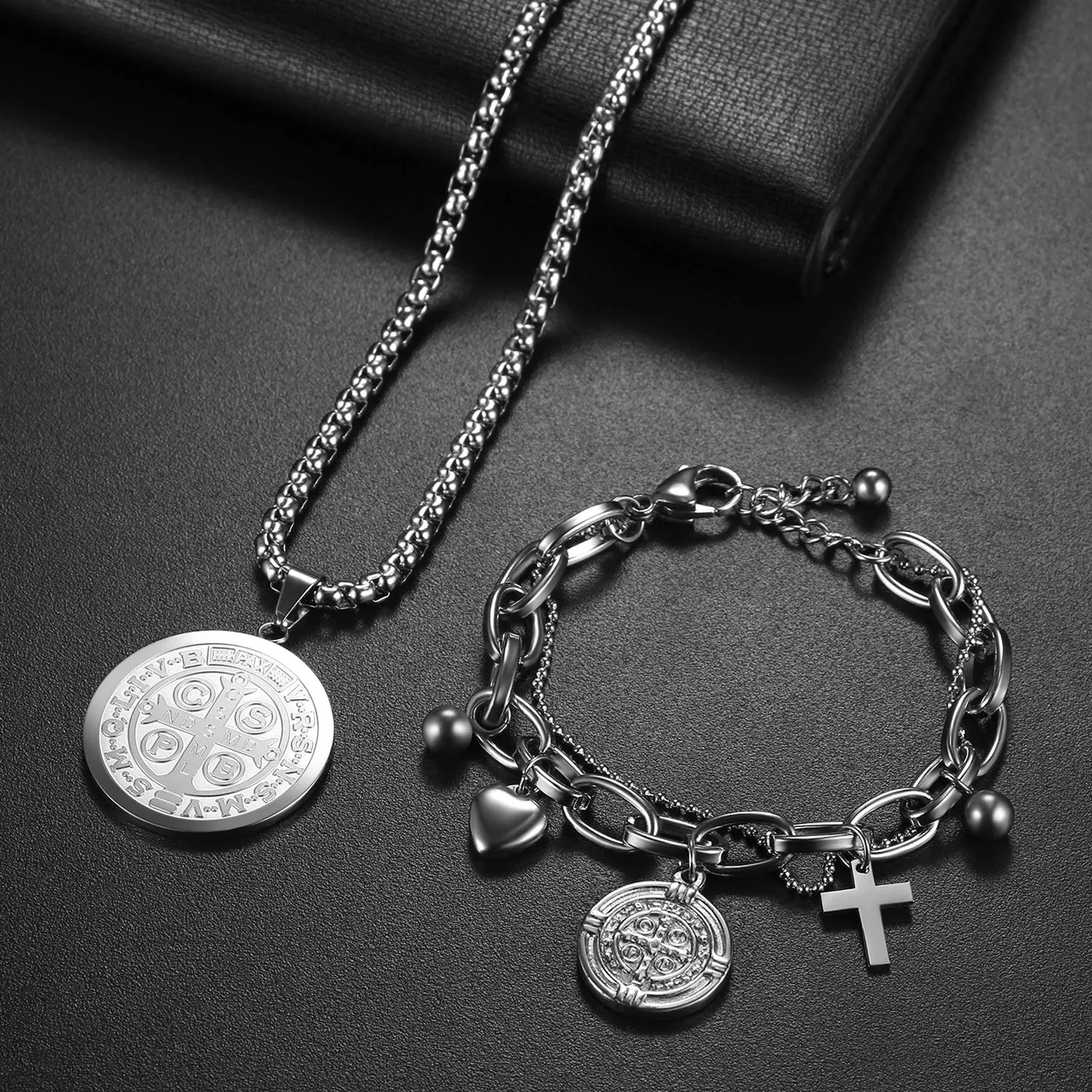 OIDEA Set Collana e 2 Braccialetti San Benedetto in Acciaio Inossidabile, Argento - immagine 2
