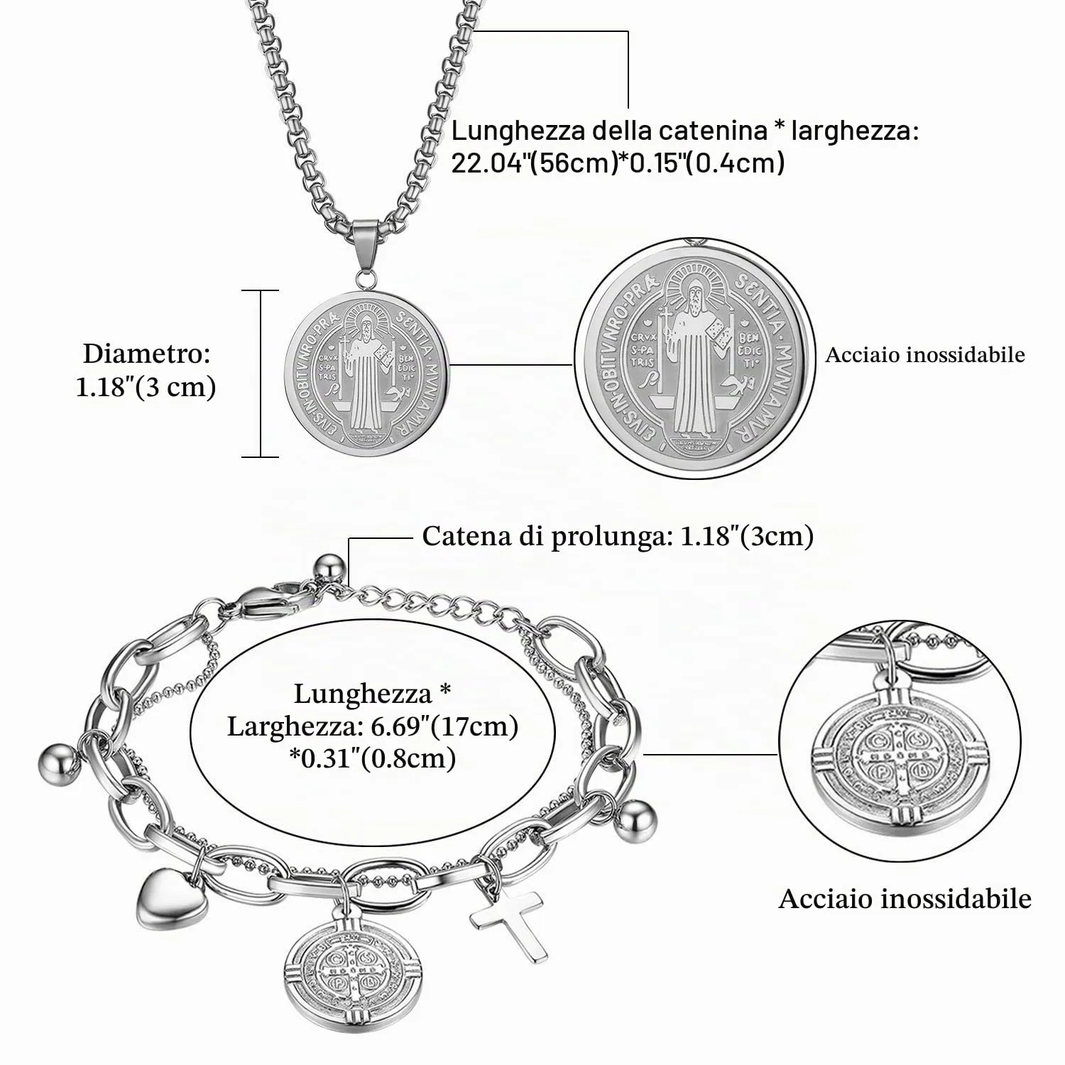 OIDEA Set Collana e 2 Braccialetti San Benedetto in Acciaio Inossidabile, Argento - immagine 3