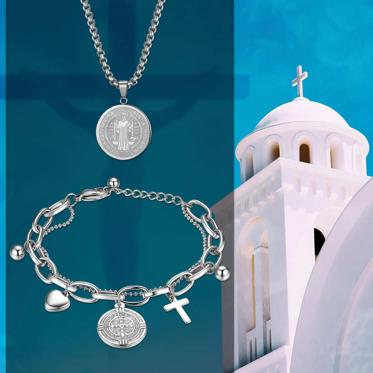 OIDEA Set Collana e 2 Braccialetti San Benedetto in Acciaio Inossidabile, Argento - immagine 4