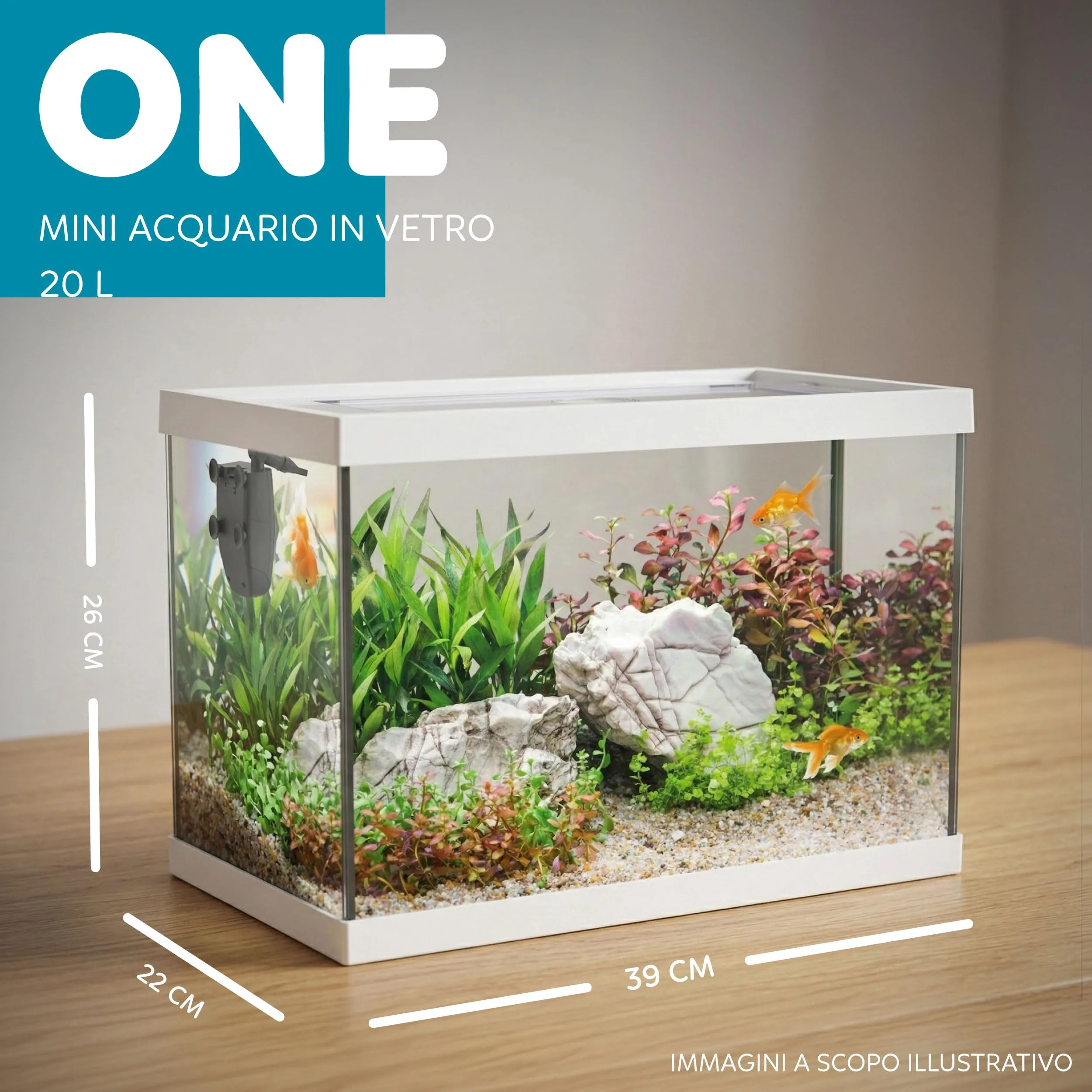 AQPET One Mini Acquario in vetro Bianco 20 litri con filtro interno, sabbia, pianta decorativa e sfondo, 36x22x26 cm - immagine 2