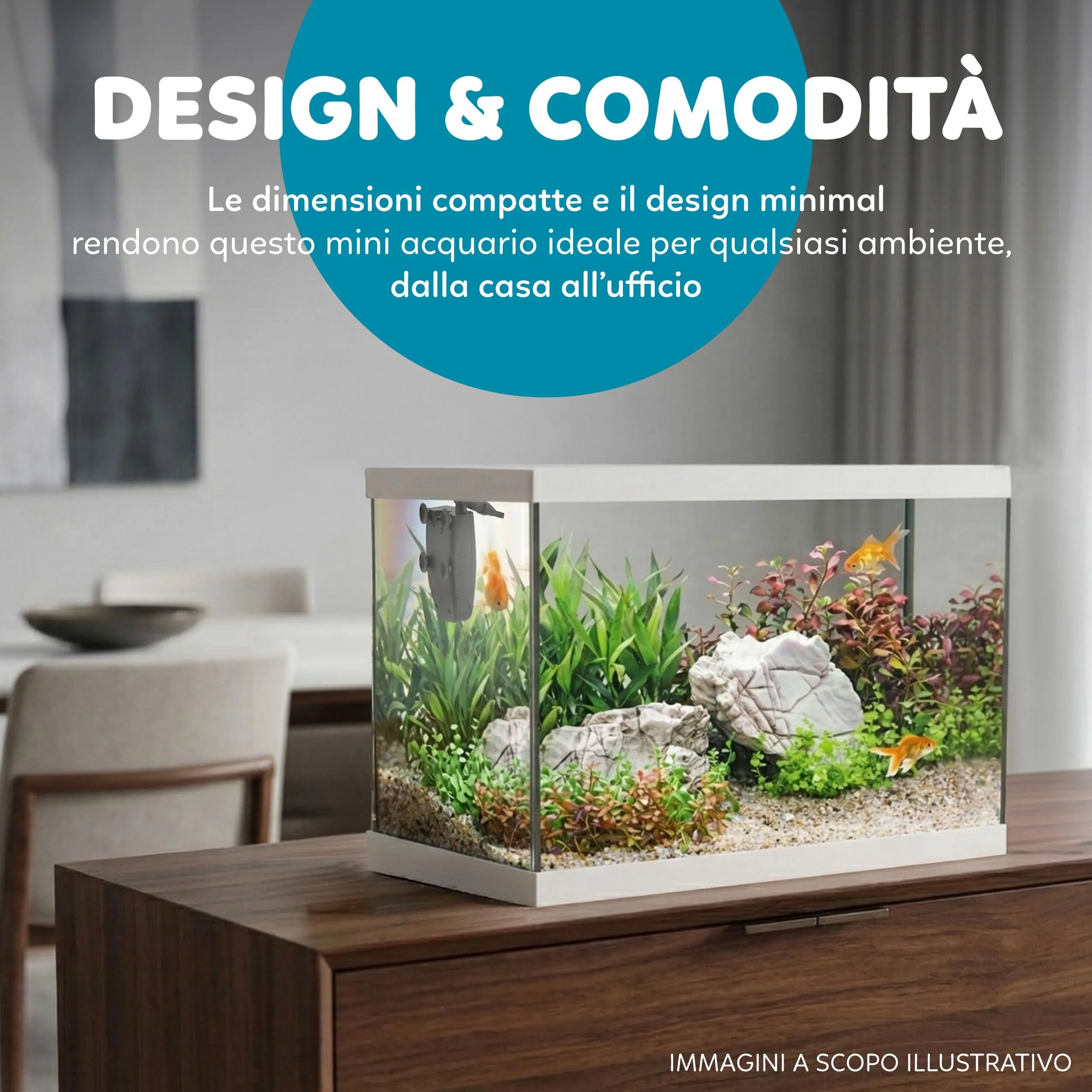 AQPET One Mini Acquario in vetro Bianco 20 litri con filtro interno, sabbia, pianta decorativa e sfondo, 36x22x26 cm - immagine 3