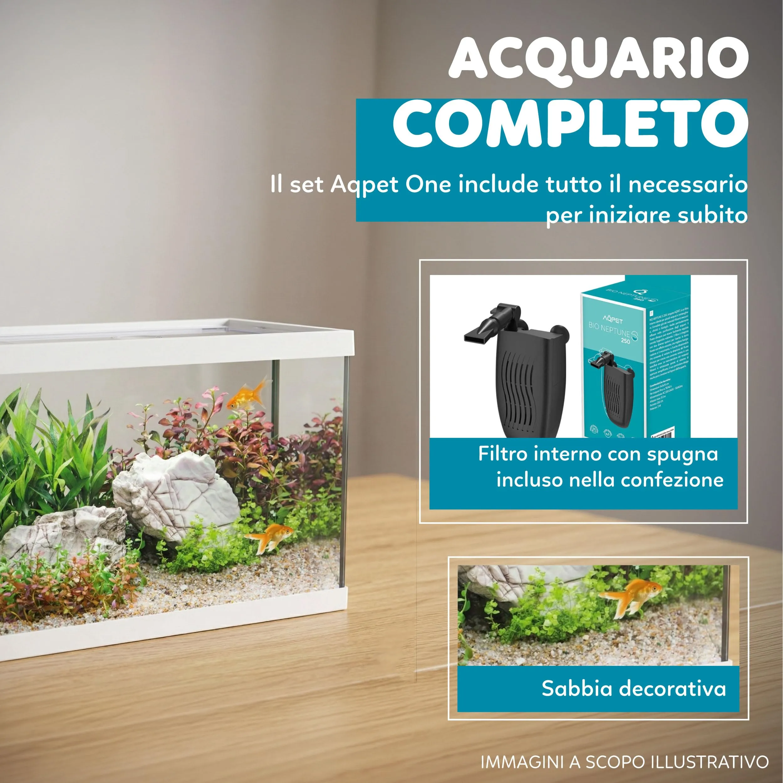 AQPET One Mini Acquario in vetro Bianco 20 litri con filtro interno, sabbia, pianta decorativa e sfondo, 36x22x26 cm - immagine 4