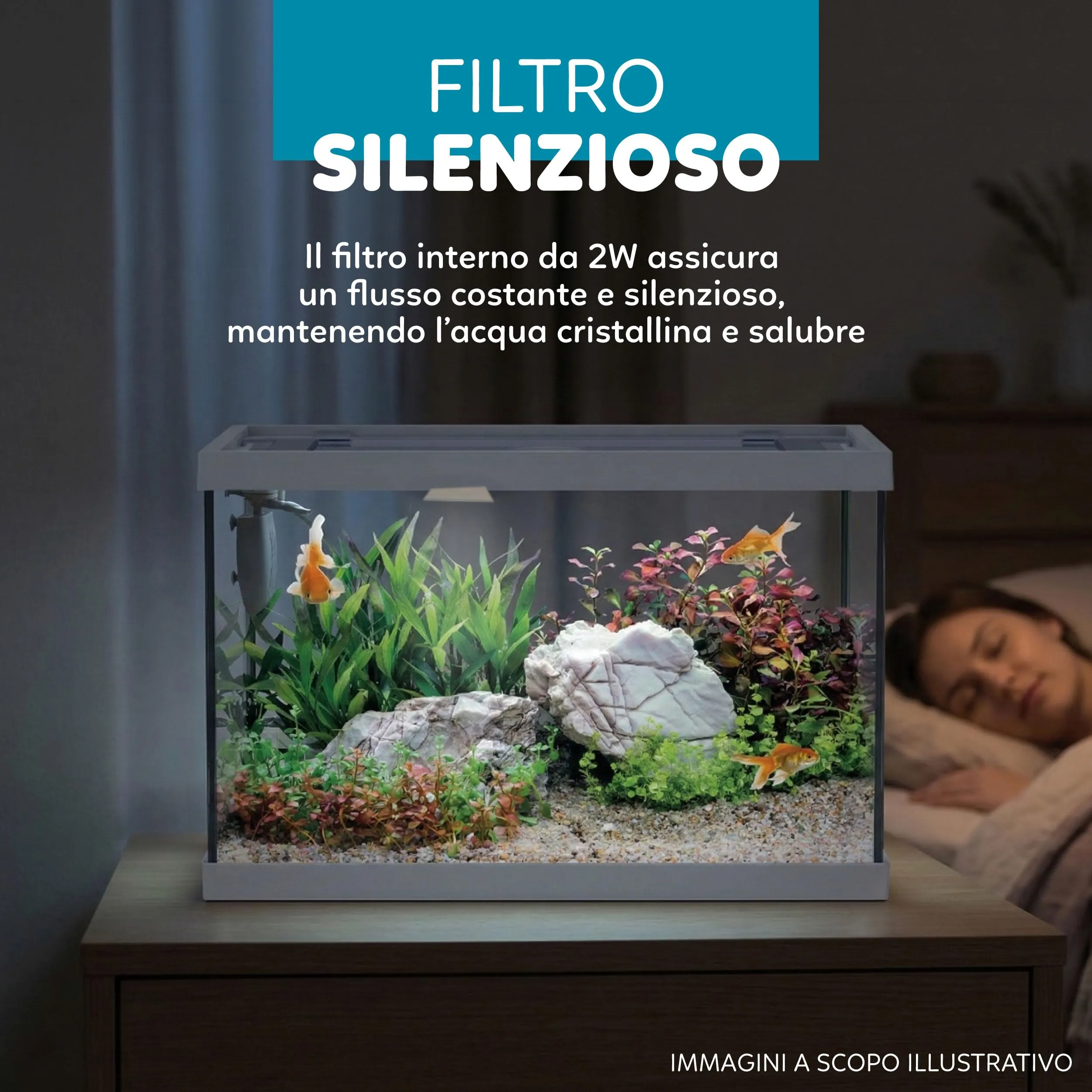 AQPET One Mini Acquario in vetro Bianco 20 litri con filtro interno, sabbia, pianta decorativa e sfondo, 36x22x26 cm - immagine 5