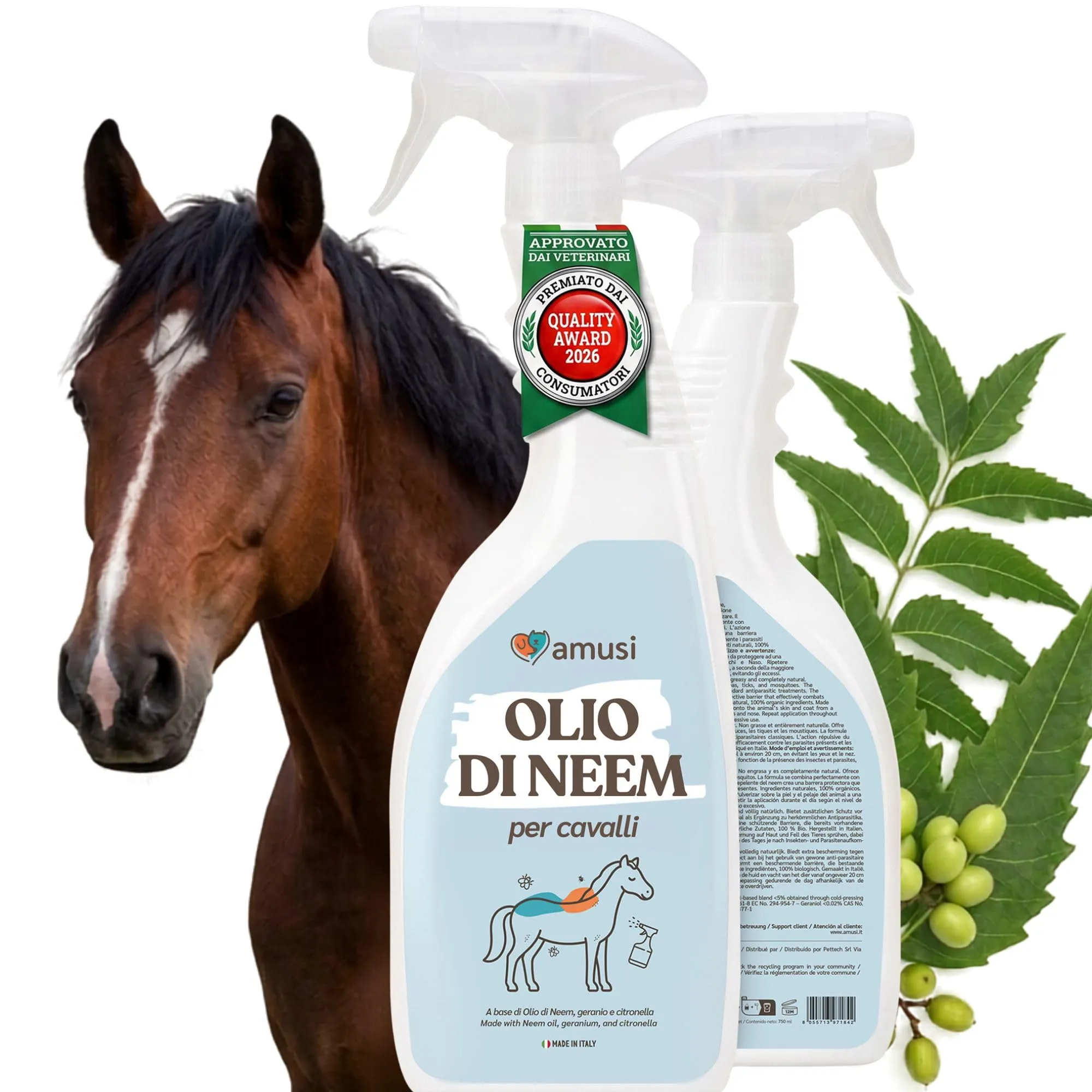 Amusi Olio di Neem per Cavalli Spray, Citronella e Geraniolo, 750 ml - immagine 1