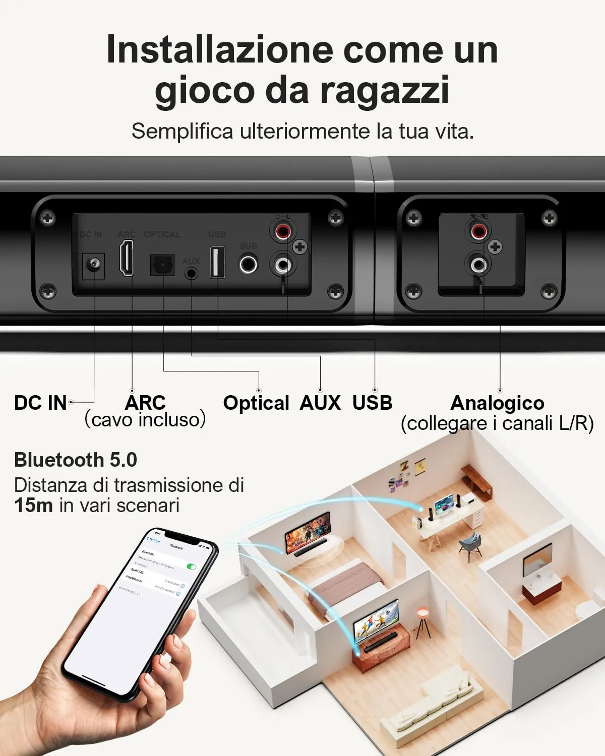 Ultimea Apollo S40 Pro Soundbar 2.2ch Detachable 2 in 1, Bluetooth 5.3, ARC/Ottico/Aux - immagine 6