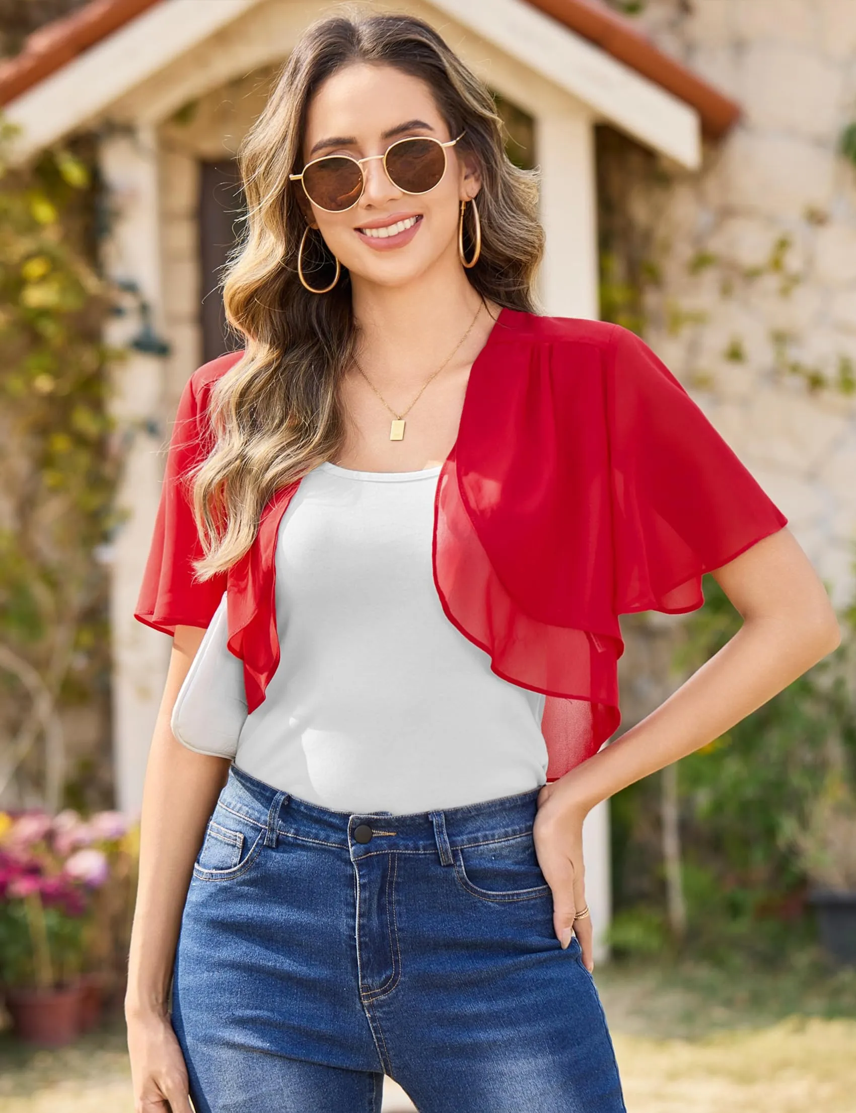 Aottori Coprispalle Donna in Chiffon, Rosso, S - immagine 2