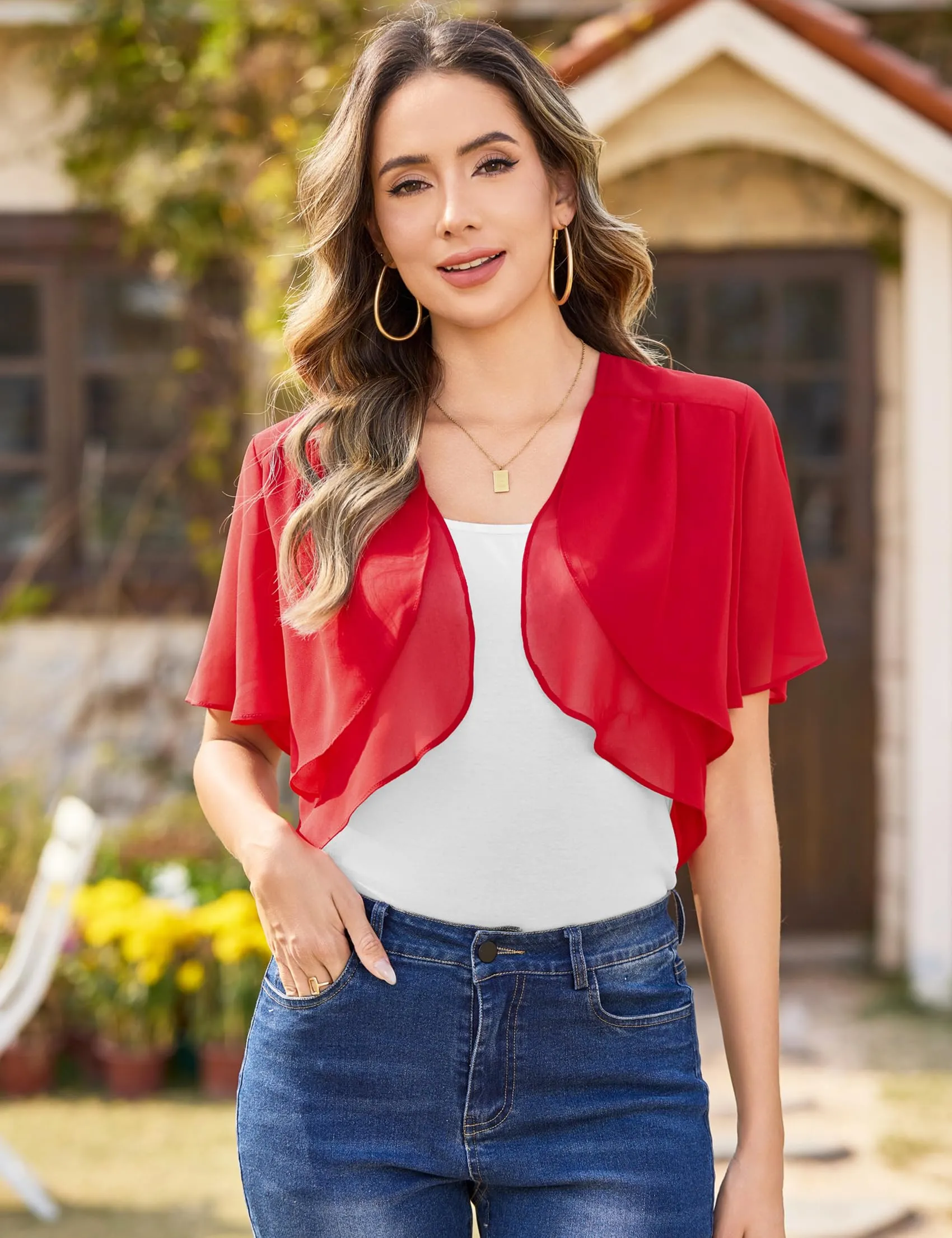 Aottori Coprispalle Donna in Chiffon, Rosso, S - immagine 7