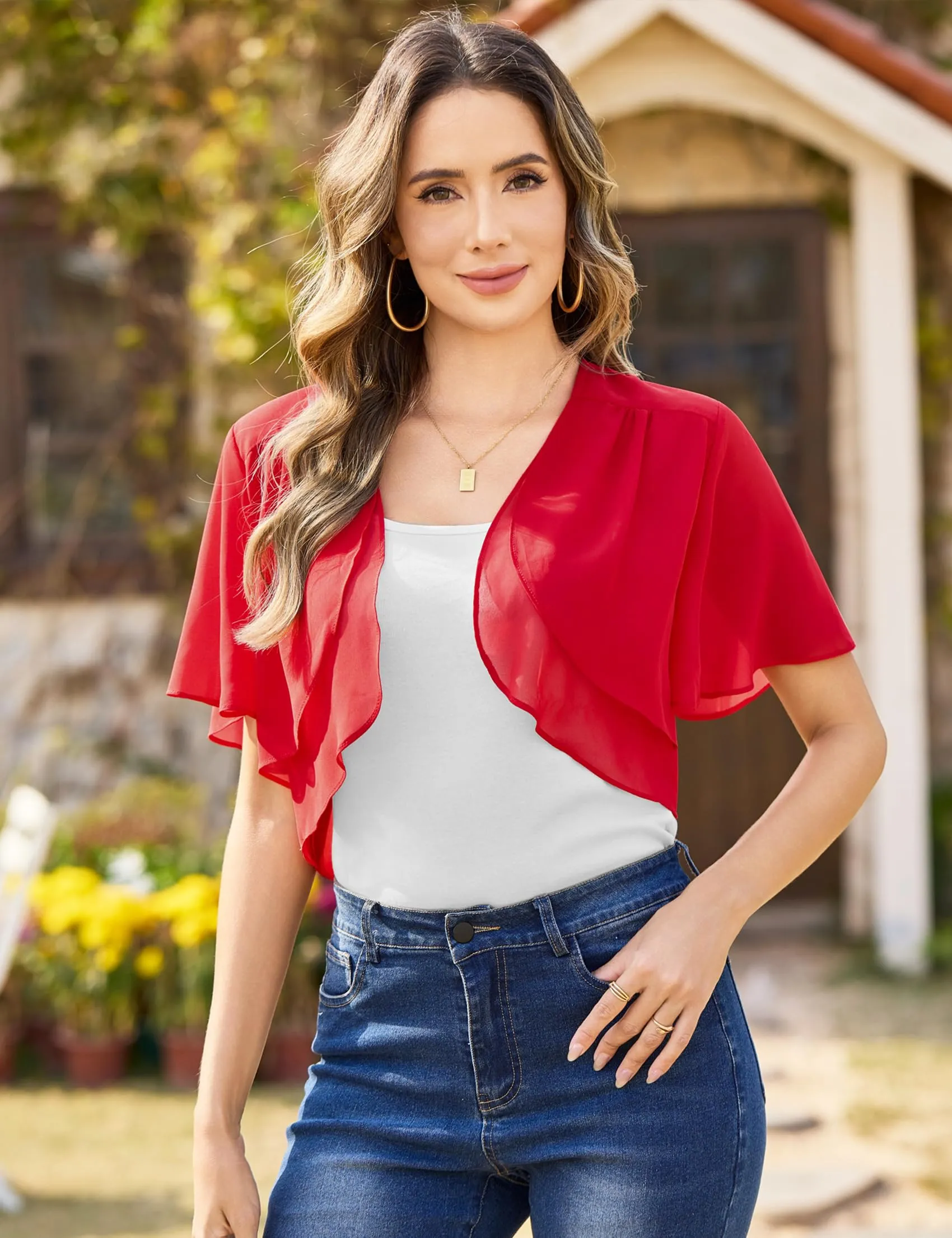 Aottori Coprispalle Donna in Chiffon, Rosso, S - immagine 9