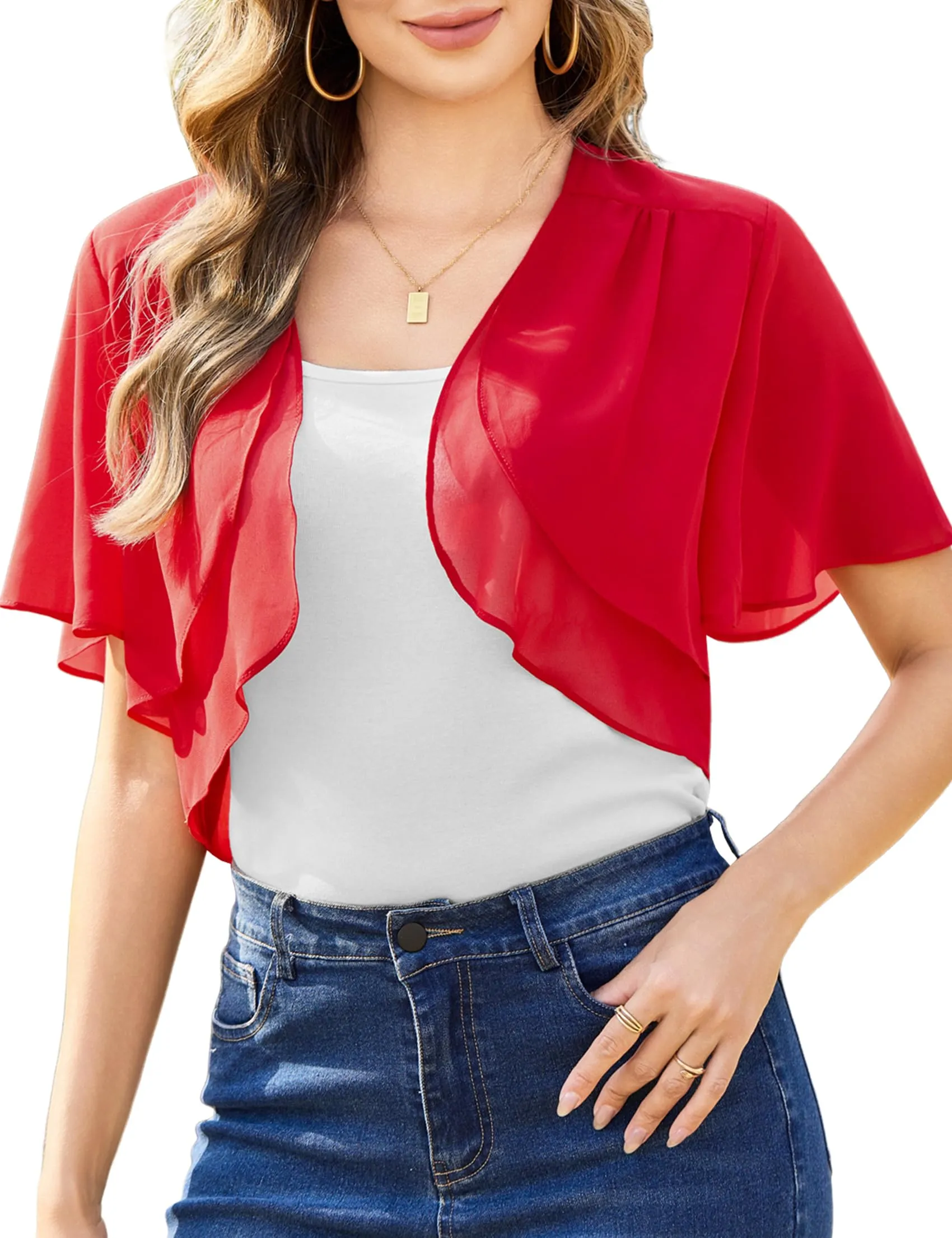Aottori Coprispalle Donna in Chiffon Maniche Corte Rosso M - immagine 1