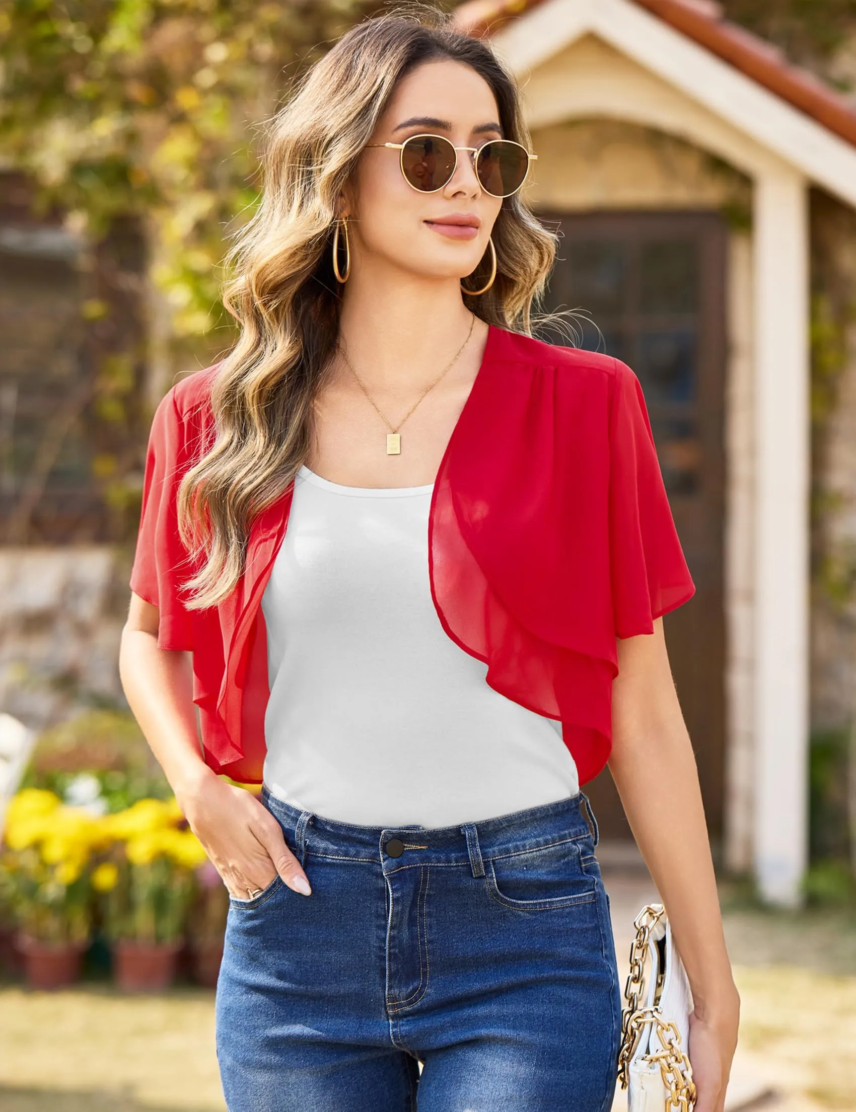 Aottori Coprispalle Donna in Chiffon Maniche Corte Rosso M - immagine 4