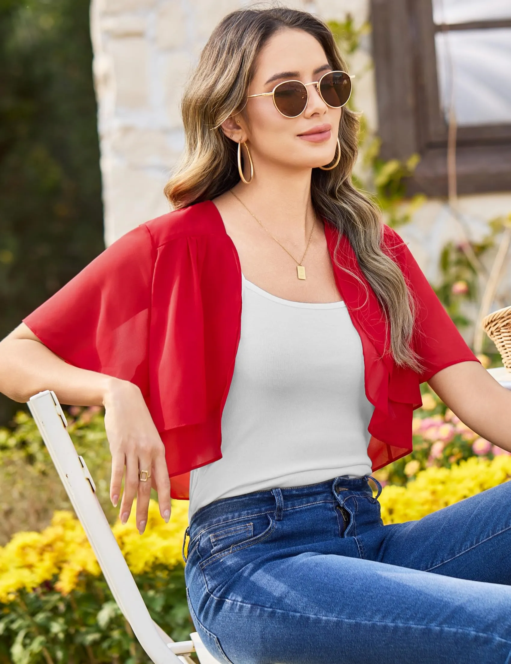 Aottori Coprispalle Donna in Chiffon Maniche Corte Rosso M - immagine 5